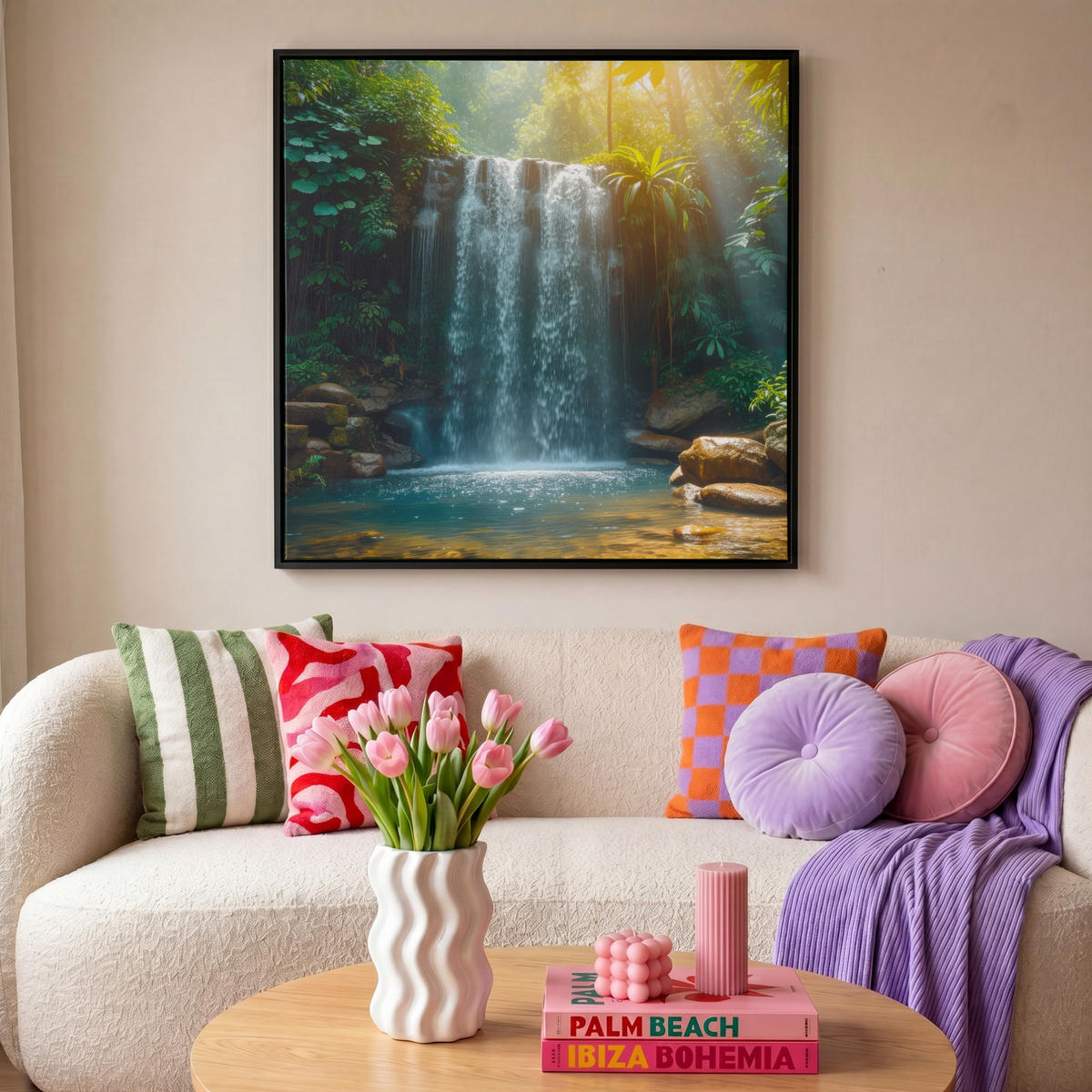 LEINWAND Bilder mit Rahmen - Wasserfall - Dschungel - Sonne - Grün - Natur - 90x90 - Grün, Textil (90/90cm) - MuchoWow