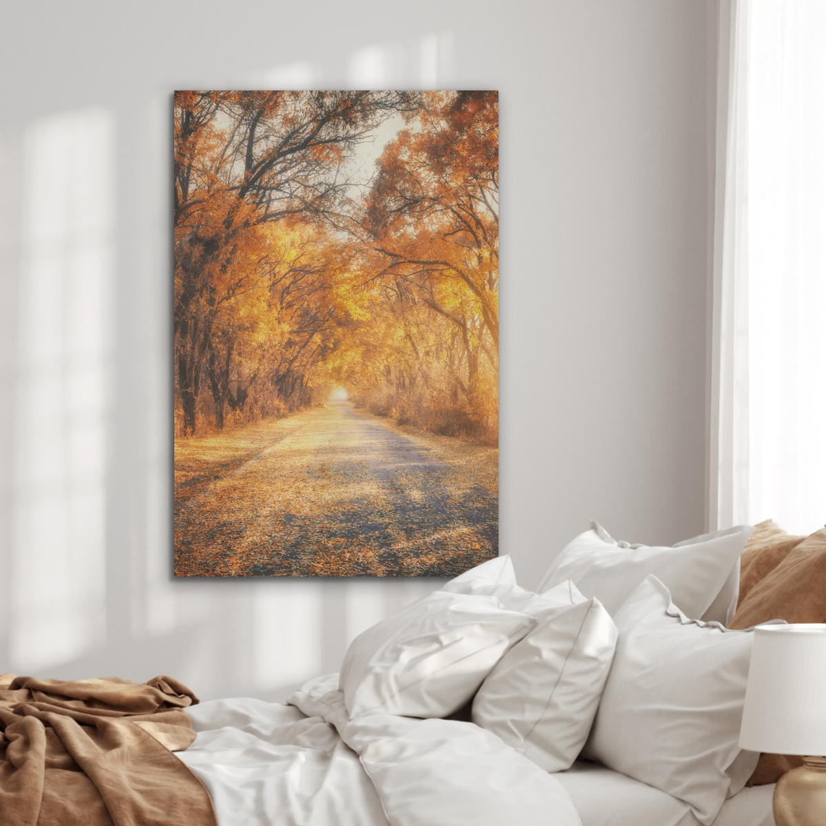 AKUSTIKPANEEL Wald - Herbst - Bäume - Waldweg - Natur 70x100 cm - Bernsteinfarben, Textil (70/0.9/100cm) - MuchoWow