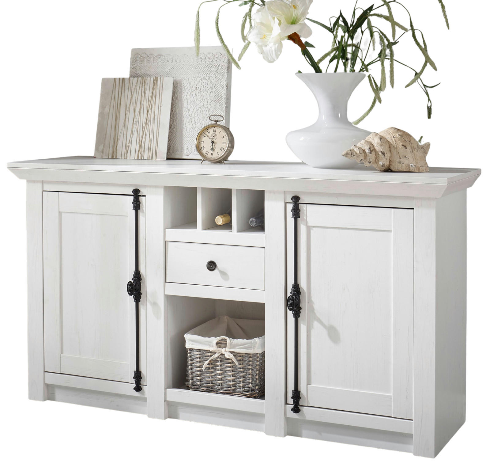 SIDEBOARD weiß Pinie Landhaus, Kommode mit Weinregal 152 x 83 cm - Anthrazit/Weiß, Holzwerkstoff/Metall (152/83/45cm) - Furn.Design