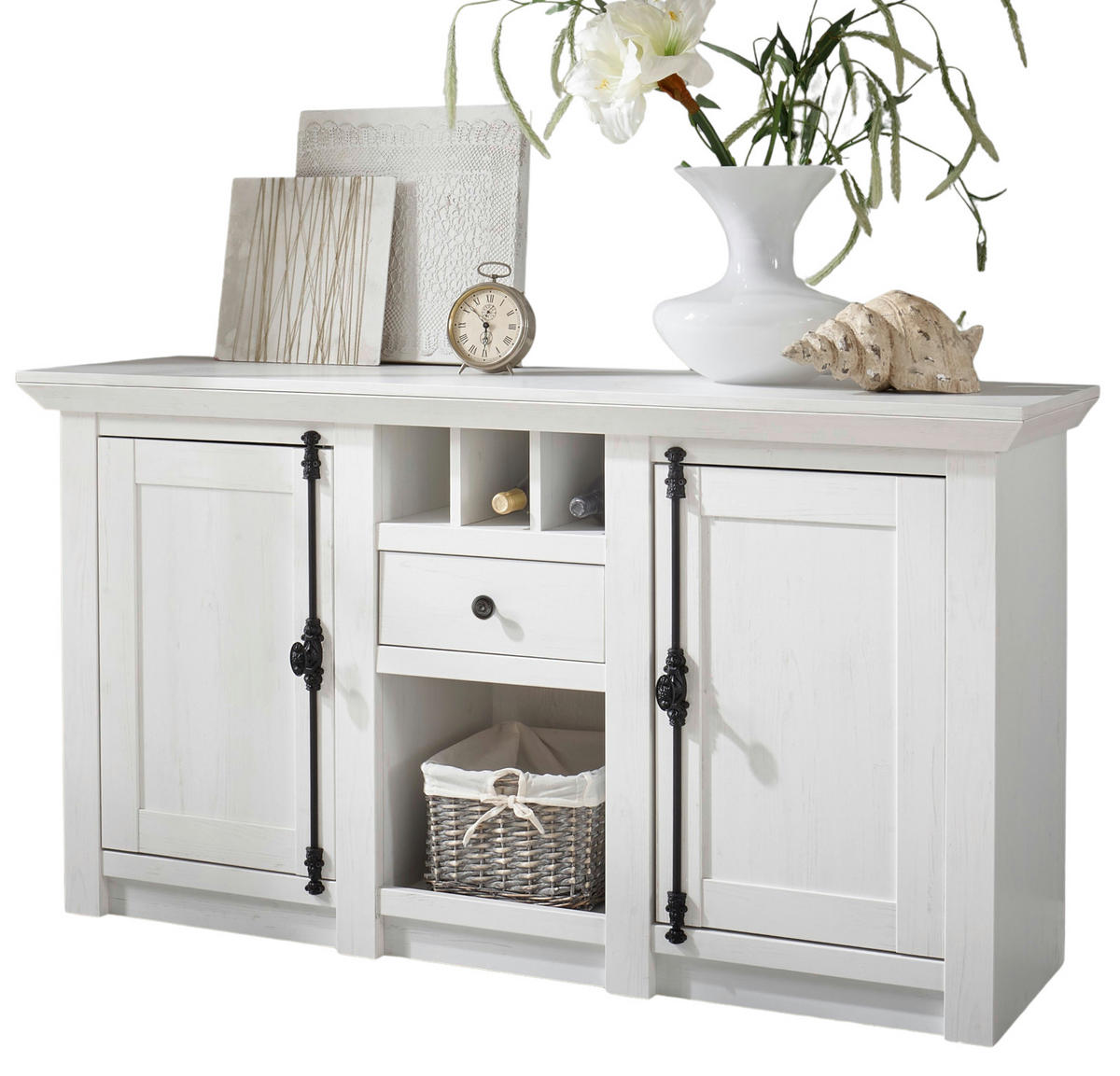 SIDEBOARD weiß Pinie Landhaus, Kommode mit Weinregal 152 x 83 cm - Anthrazit/Weiß, Holzwerkstoff/Metall (152/83/45cm) - Furn.Design