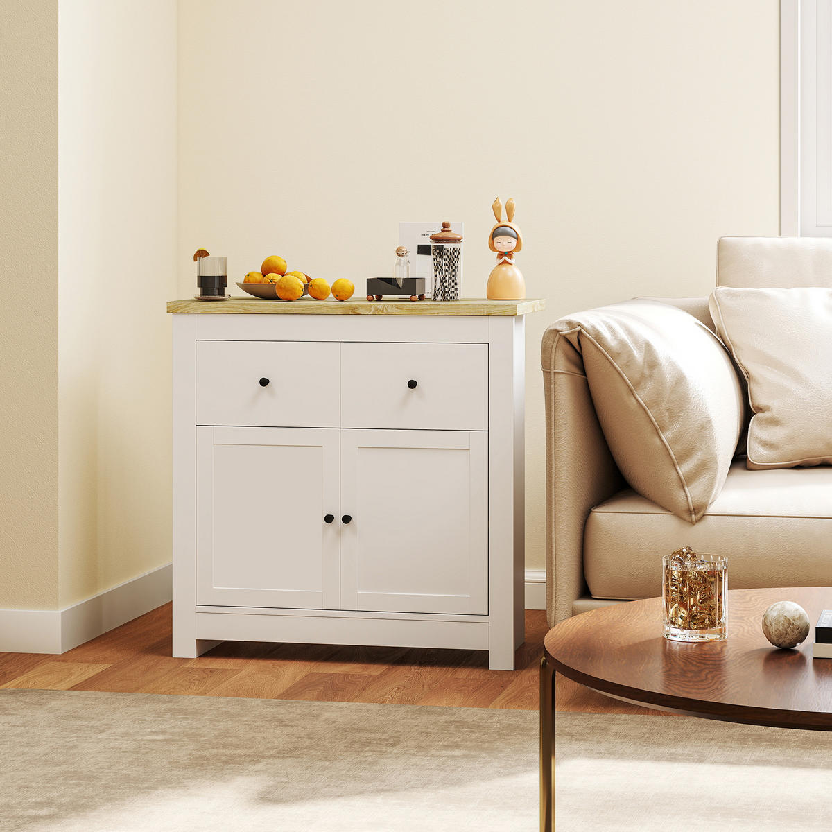 KOMMODE Sideboard mit 2 Schublade, Soft-Close-Doppeltür für Wohnzimmer Weiß - Weiß, Karton (35/80/79cm) - HOMCOM