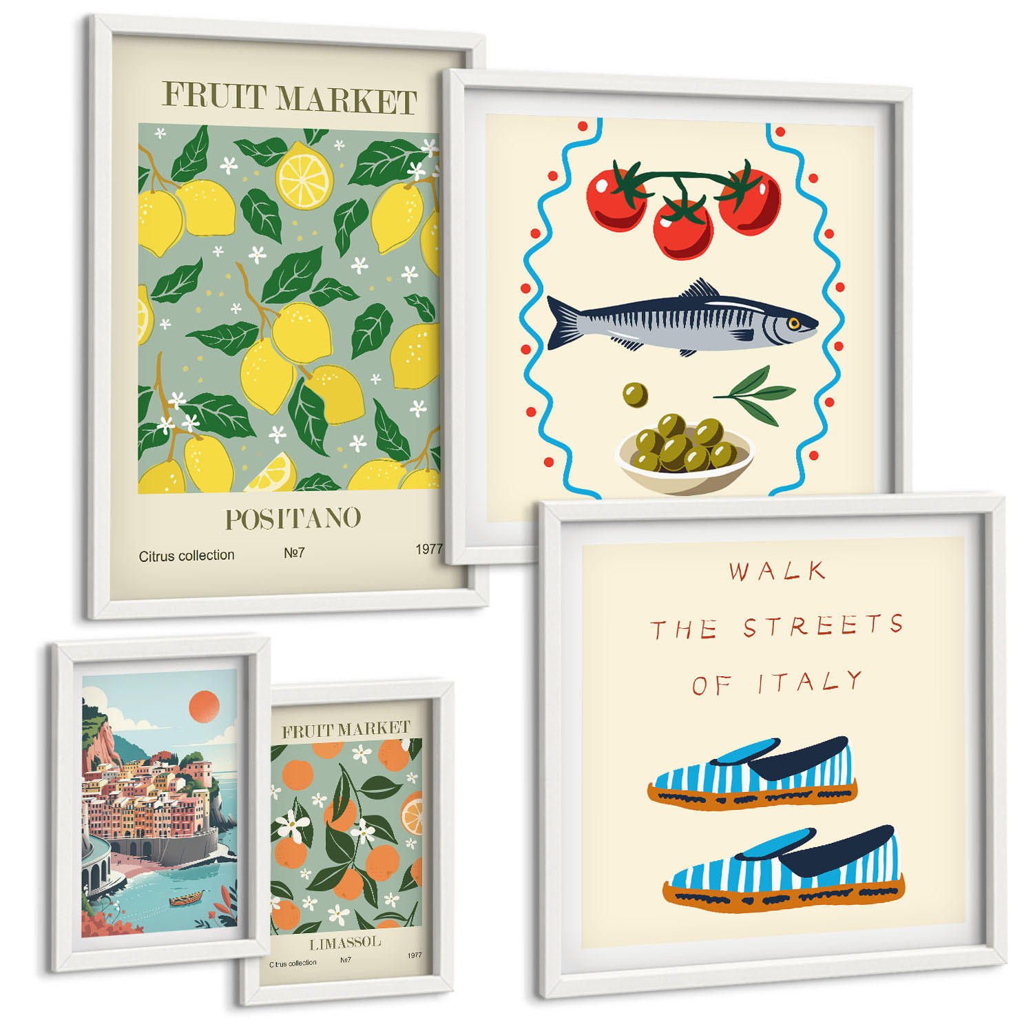 BILDER SET 5er Set - 50x50 cm & 20x30 cm & 40x60 cm Weißer Rahmen - Italienische Poster mit Fruchtmotiven - Weiß, Kunststoff (40/60cm) - TULUP