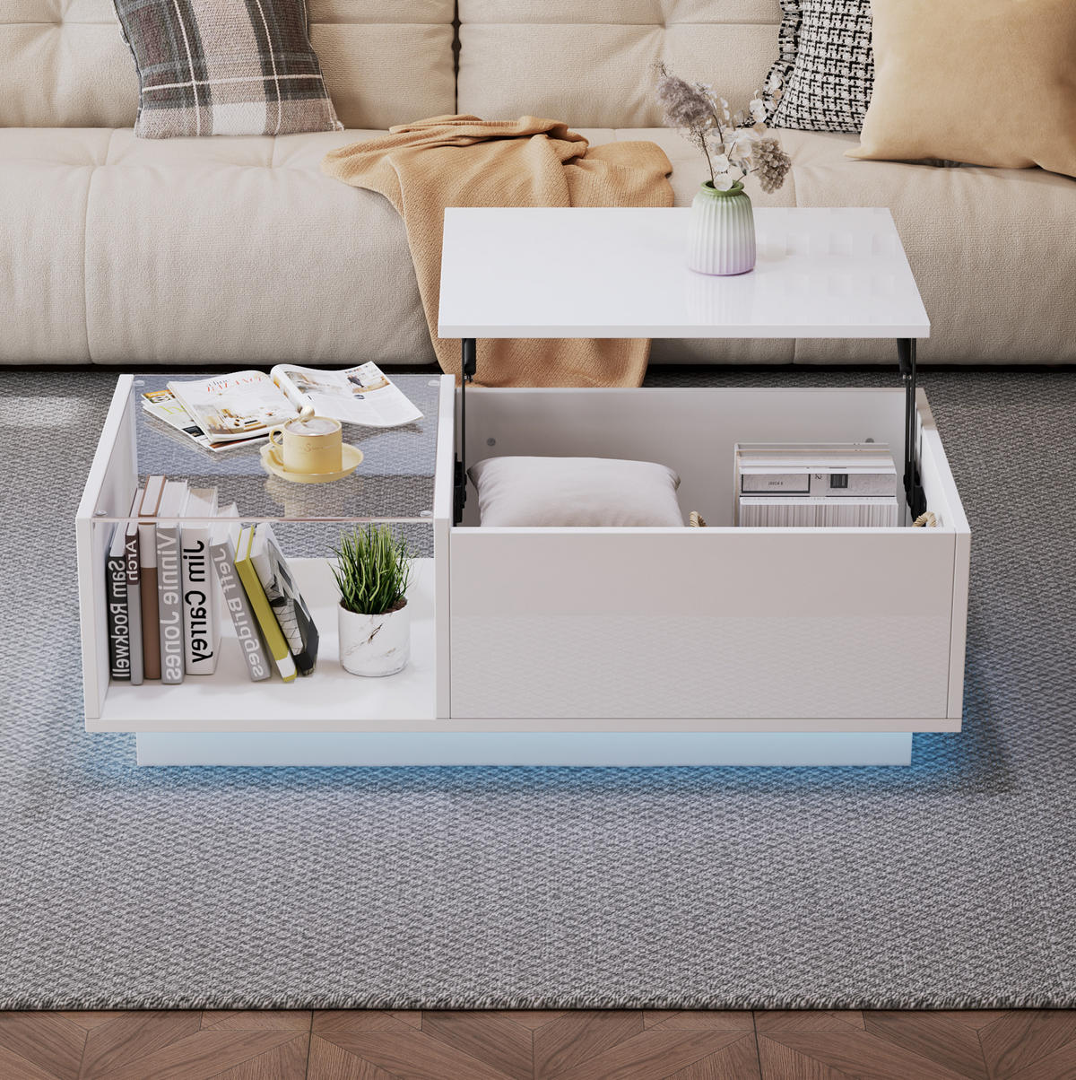 COUCHTISCH 100/50/33 cm weiß aus Spanplatte mit LED-Beleuchtung und höhenverstellbarer Platte - Weiß, Holzwerkstoff (100/50/33cm) - OKMYHOME
