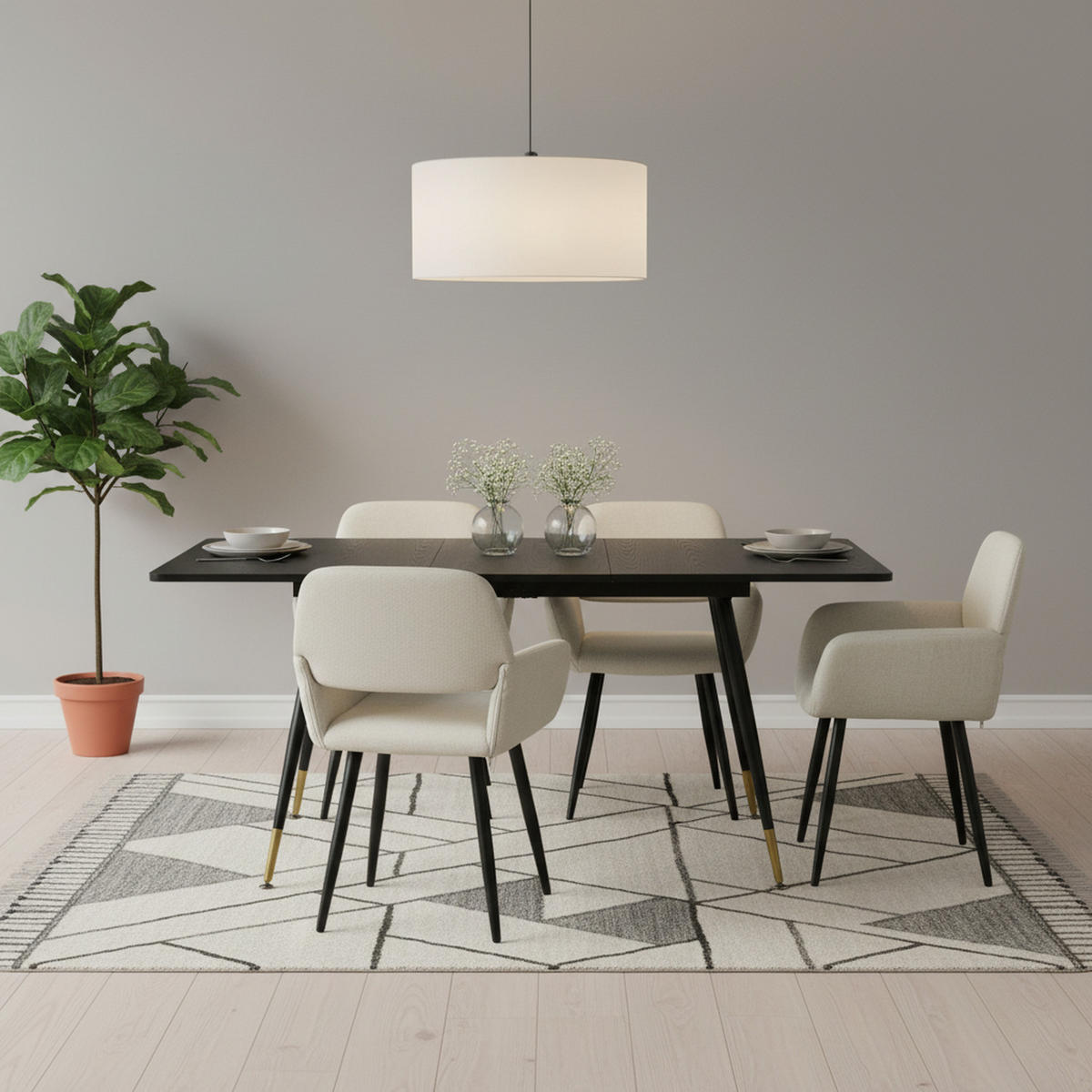 ESSZIMMER SET mit ausziehbarem Tisch und 4 bequemen Stühlen - Beige/Schwarz, Holzwerkstoff/Metall (80/75/160cm) - Urban Meuble