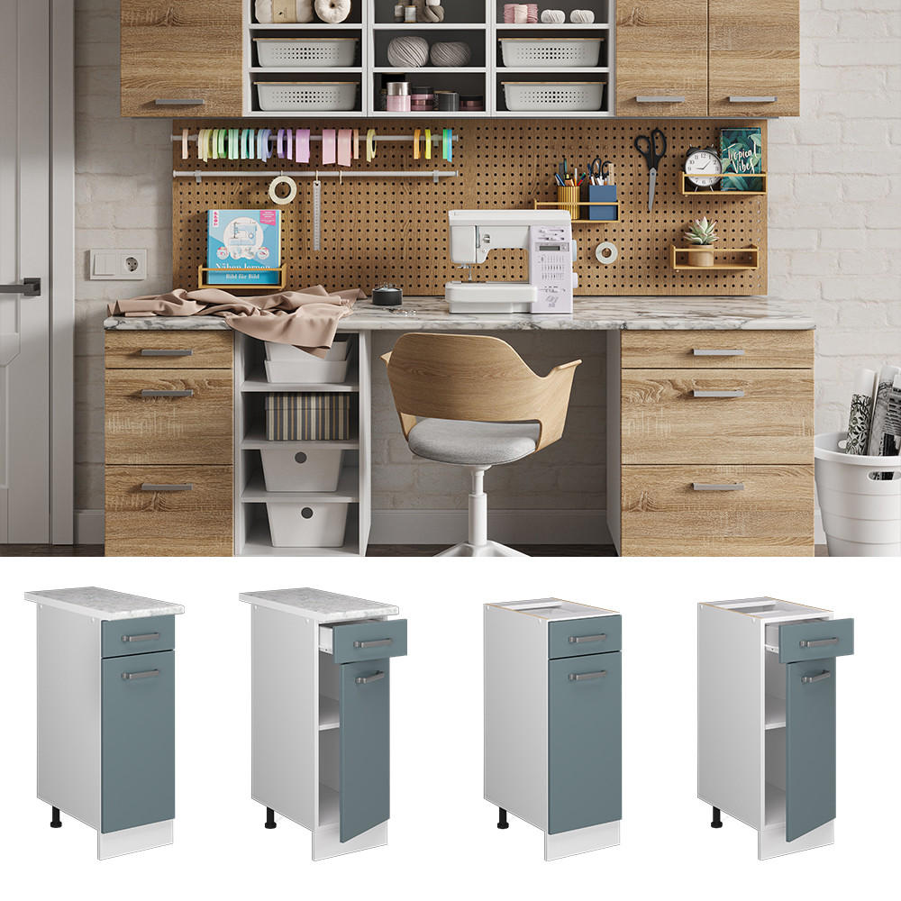 UNTERSCHRANK R-Line Blau-Grau 30 cm mit Schublade, mit Arbeitsplatte - Blaugrau/Weiß, Holzwerkstoff (30/81.6/60cm) - Vicco