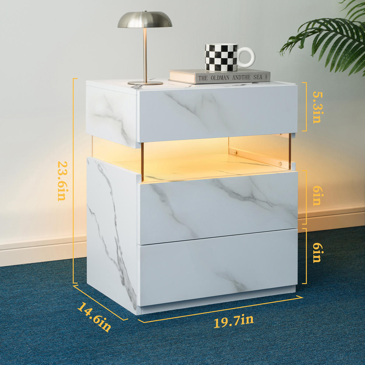 NACHTKOMMODE 48/38/61 cm weiß aus Holzwerkstoff mit LED-Beleuchtung und 3 Schubladen - Weiß, Holzwerkstoff (38/61/48cm) - OKWISH