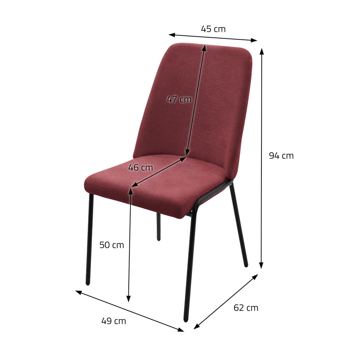 ESSZIMMERSTUHL 6er Set Rot mit Stoffbezug - Rot/Schwarz, Textil/Metall (49/94/62cm) - ML-DESIGN
