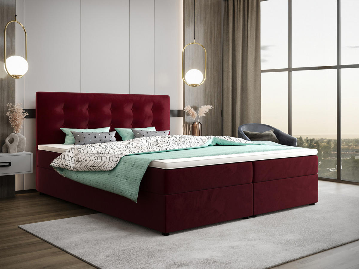 BOXBETT FADO 22 mit Matratze H3, Bonell und Topper 180x200 Itaka 34 - Rot, Holz/Textil (180/200cm) - Bedante