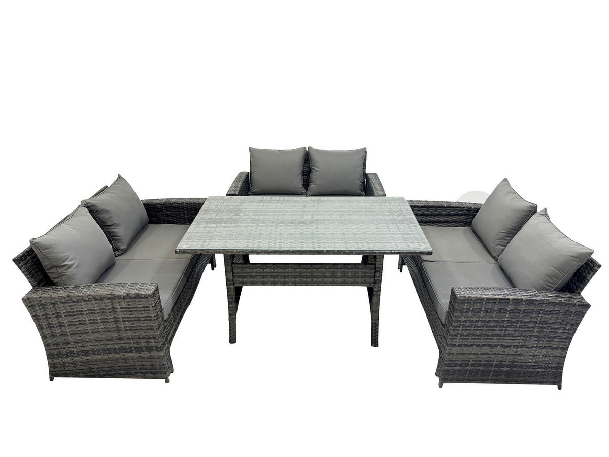 GARTENMÖBELSET mit Zweisitzer,Esstisch Polyrattan Dunkelgrau 6-Sitzer - Dunkelgrau/Grau, Glas/Kunststoff - Fimous