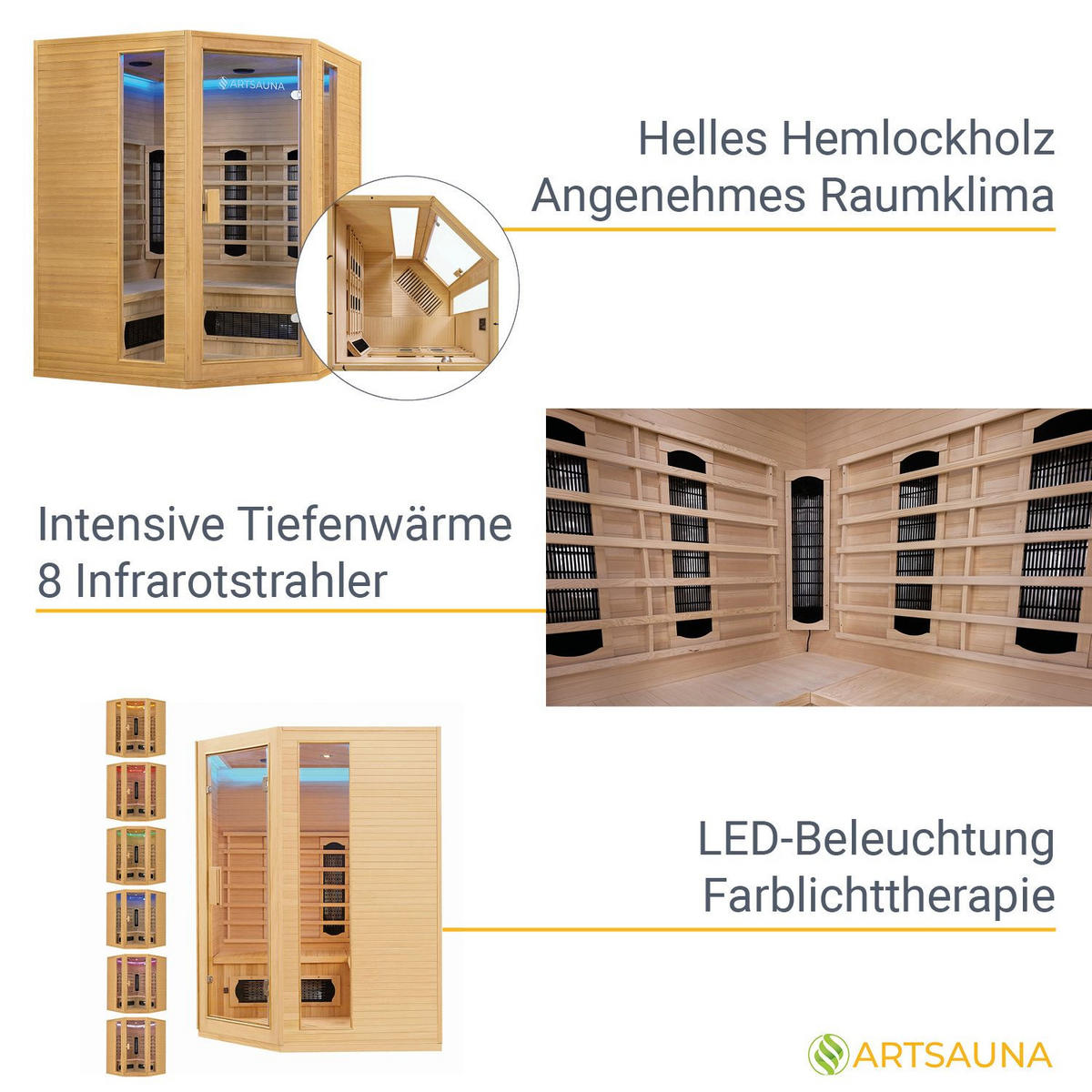 INFRAROTKABINE Nyborg E150K mit Keramik-, Flächenstrahler & Hemlockholz - Naturfarben, Holz (150/190/150cm) - Artsauna