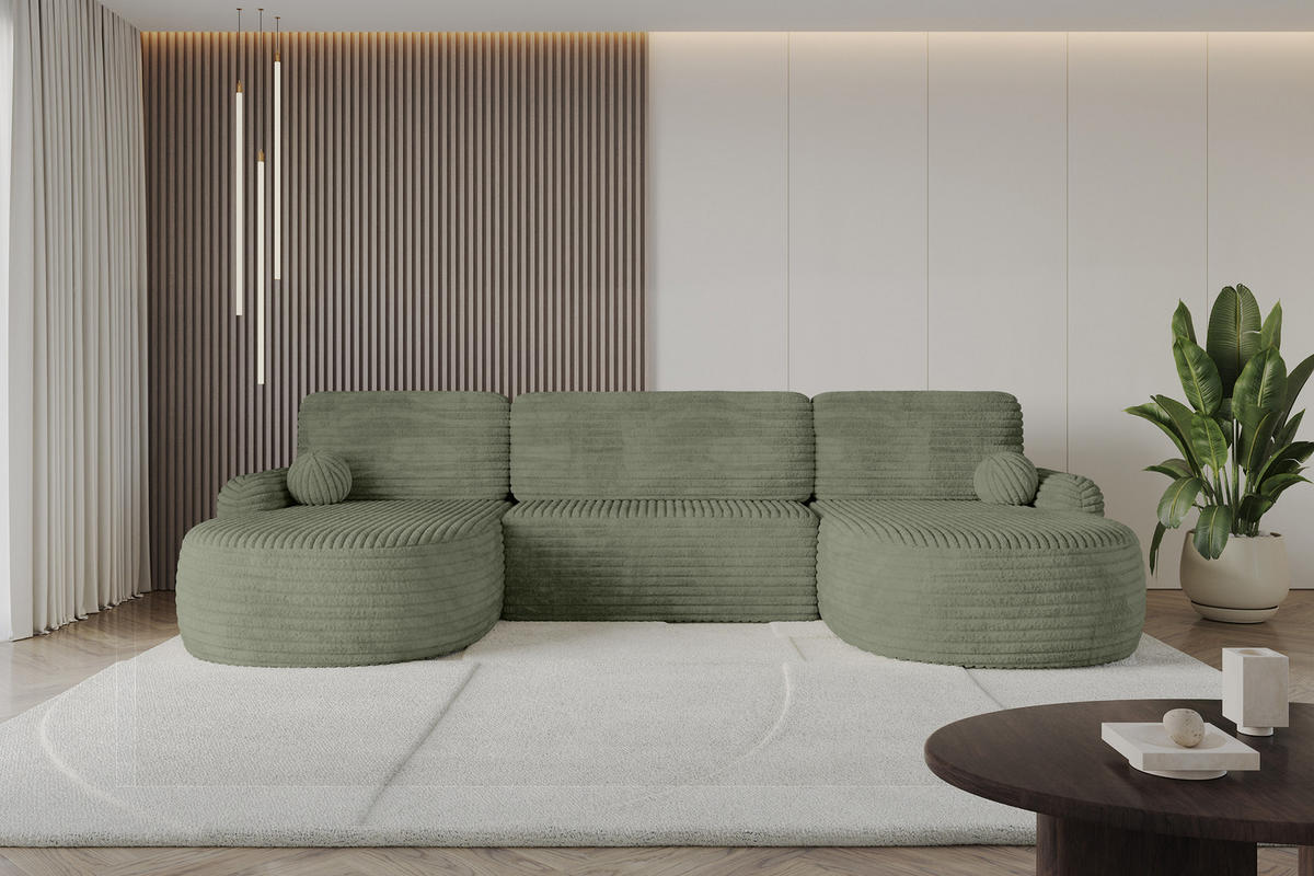 WOHNLANDSCHAFT mit Schlaffunktion und Bettkasten LIRA-U - 335x172x89 Olive - Olivgrün, Holzwerkstoff/Textil (335/89/172cm) - ALTDECOR