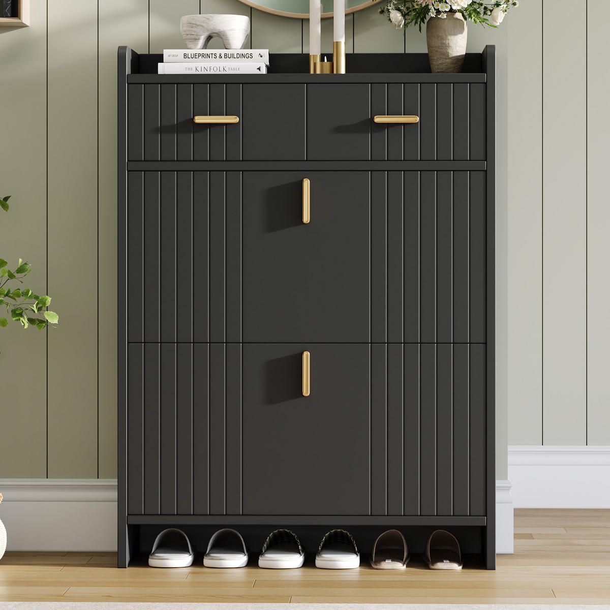 SCHUHSCHRANK 75x24x108.5cm Schwarz mit 2 Schubladen - Schwarz, Holzwerkstoff (75/108.5/24cm) - FLIEKS