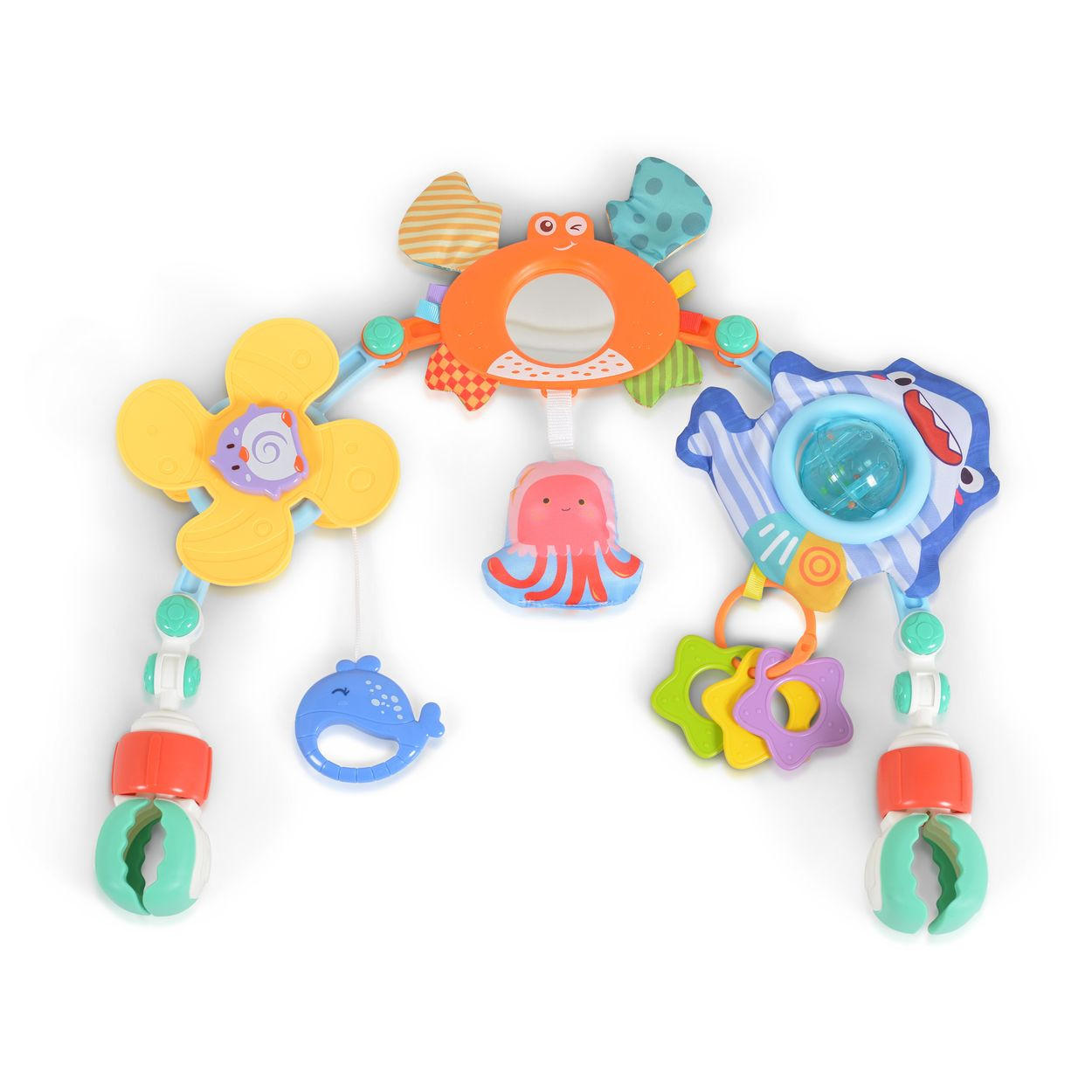 SPIELBOGEN Kinderbett und Kinderwagen grün Rassel, Beißring, Motorik, Kühlbeißring, Spielmatte, ab Geburt - Grün, Kunststoff (48/36/5cm) - Moni