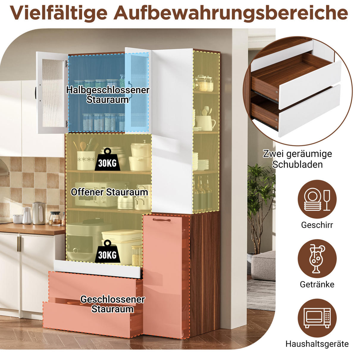 HIGHBOARD 100/40/200 cm in Weiß/Nussbaum mit Riffelglas und 2 Schubladen - Weiß, Holzwerkstoff (100/200/40cm) - Flora Grace