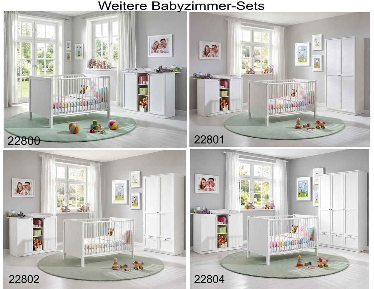 BABYZIMMER-SET 3-tlg.: Babybett & Wickelkommode & Kleiderschrank 3-türig B135/H198/T58 cm, Soft-Close, Landhausstil Weiß / 22803 - Silberfarben/Weiß, Holzwerkstoff/Metall (76/83/146cm) - luma-home