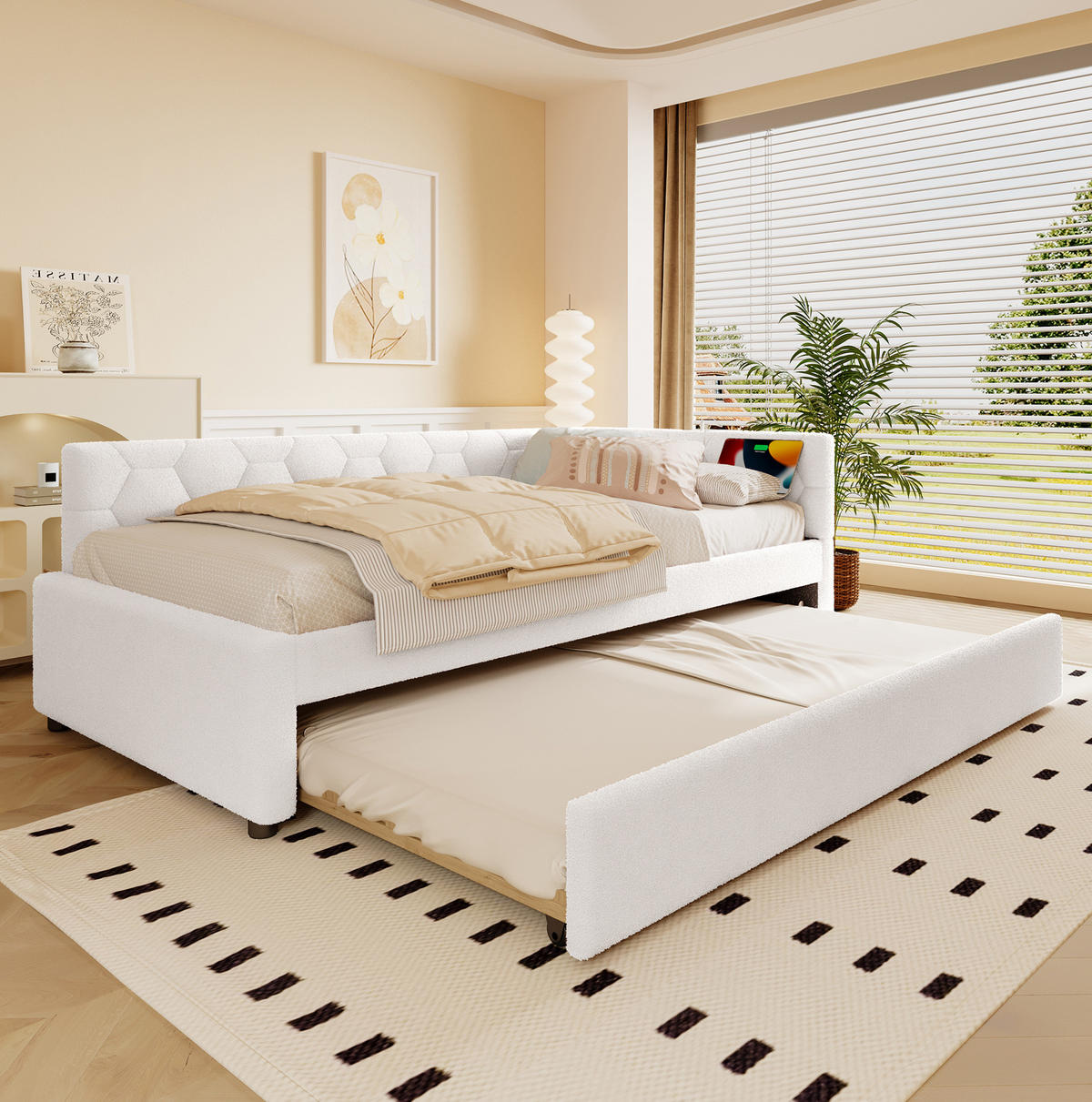 POLSTERBETT 90/200 cm Weiß aus Boucle mit Ausziehbett - Weiß, Textil (90/200cm) - OKMYHOME