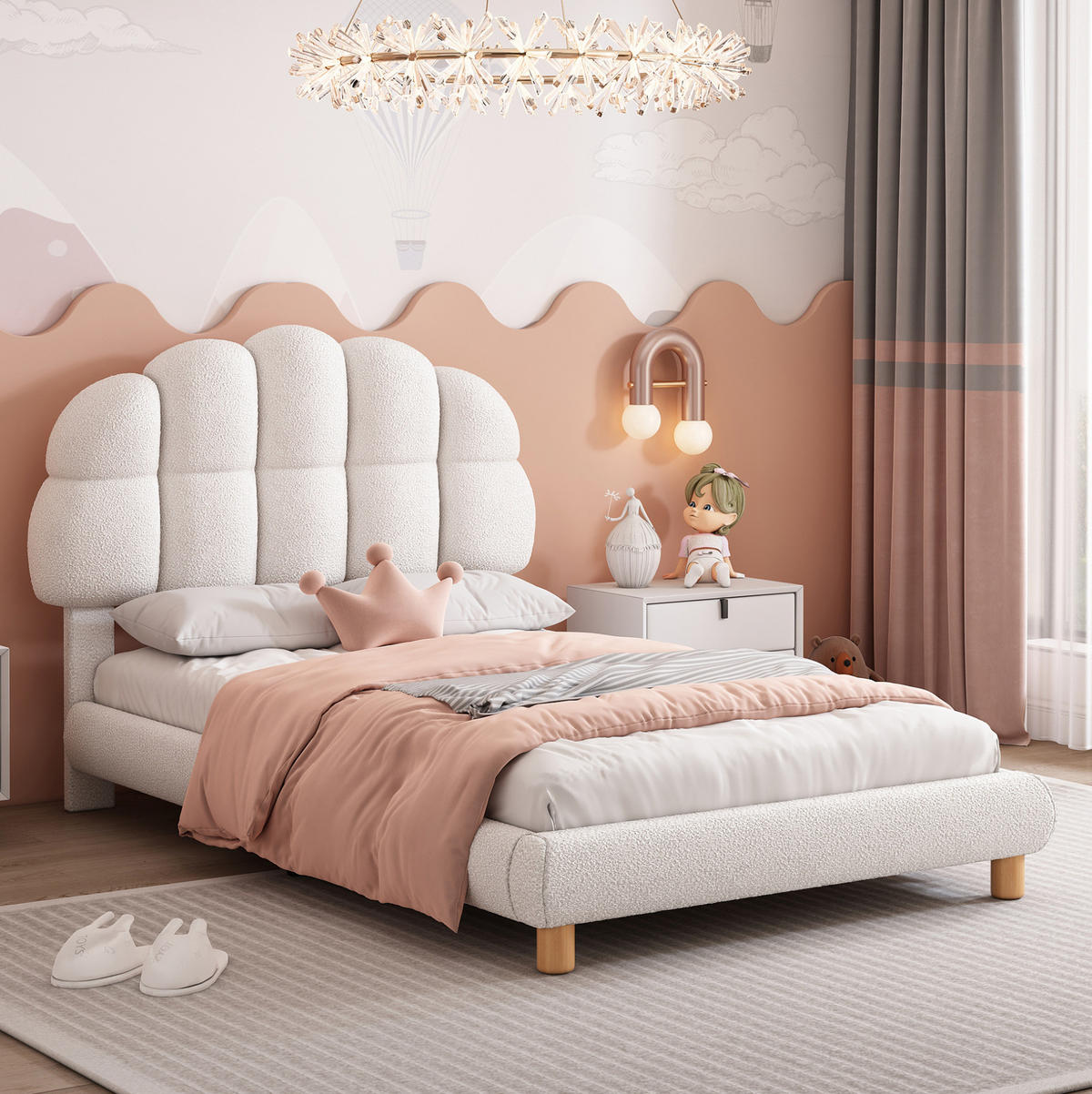 POLSTERBETT 90/200 cm aus Bouclé und MDF mit höhenverstellbarem Kopfteil Weiß - Weiß, Textil (90/200cm) - Modenvie