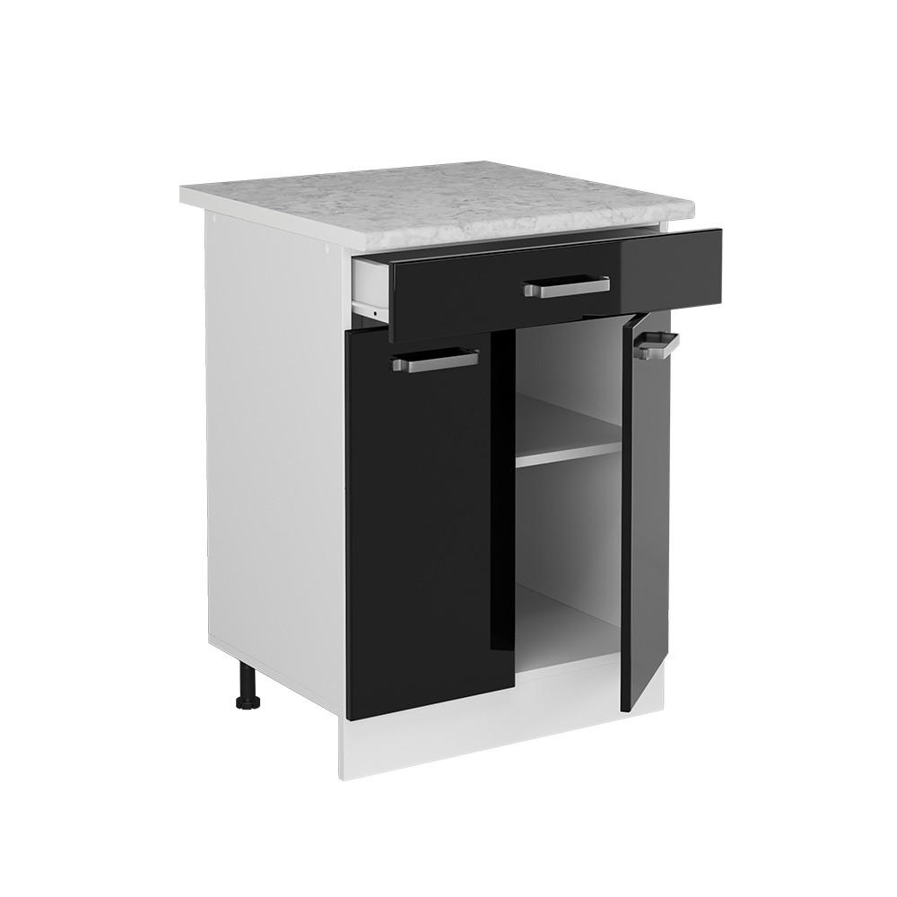 KÜCHENUNTERSCHRANK R-Line Schwarz Hochglanz 60 cm mit Schublade AP Marmor - Schwarz Hochglanz/Schwarz, Holzwerkstoff (60/81.6/60cm) - Vicco