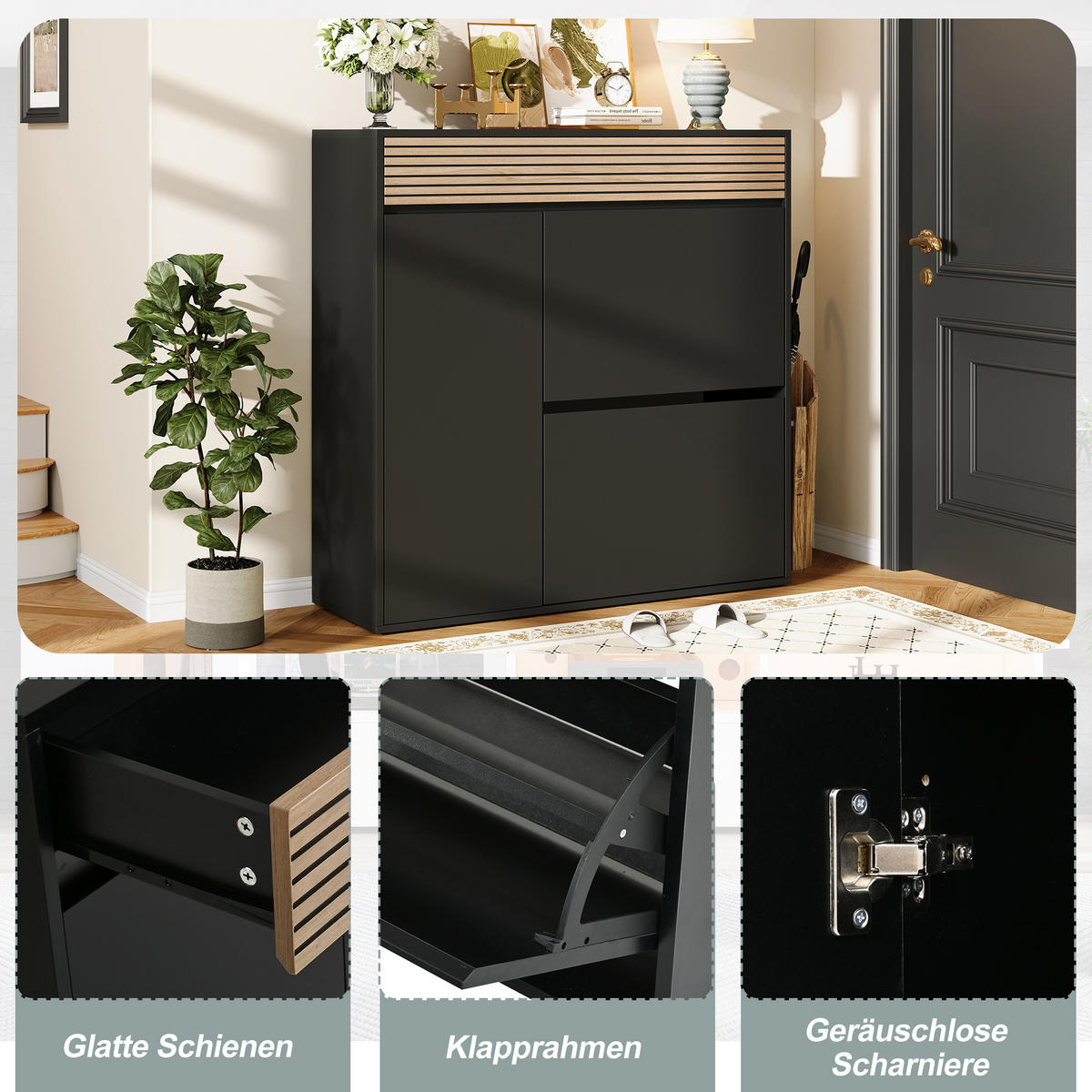 SCHUHSCHRANK 100×35×105cm Schwarz Naturholz mit 2 Klappen - Schwarz/Naturfarben, Holzwerkstoff (100/105/35cm) - FLIEKS