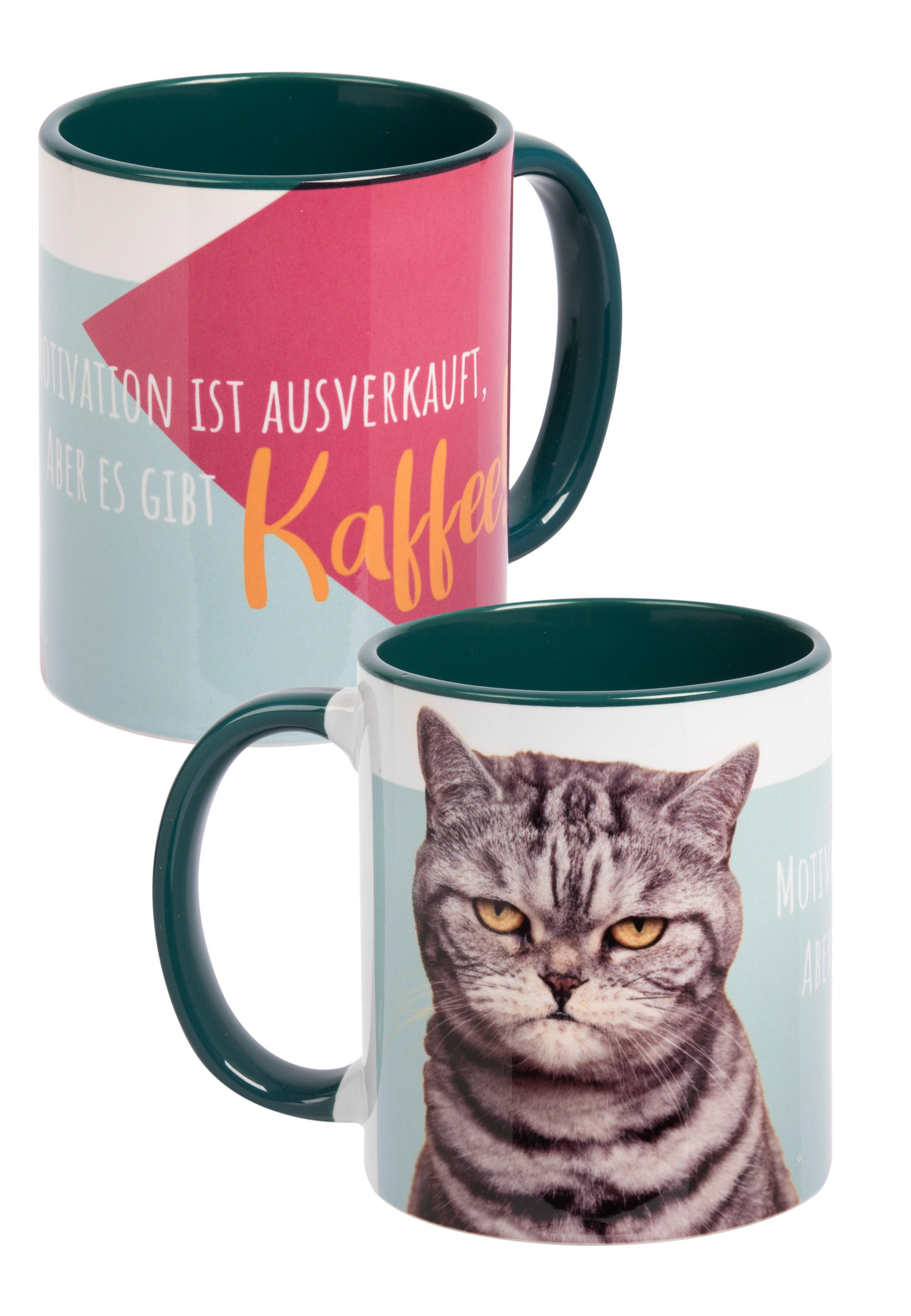 KAFFEEBECHER Katzen Motivation ist ausverkauft! Aber es gibt Kaffee! Grün/Weiß 320 ml - Multicolor, Keramik (0.32L) - United Labels
