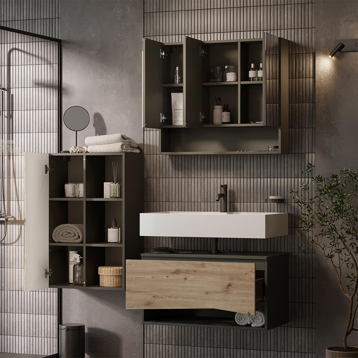 MIDISCHRANK Willow Artisan 56 x 86 cm mit 3 offenen Fächern - Anthrazit/Hellgrau, Holzwerkstoff (56/86/29.8cm) - Vicco