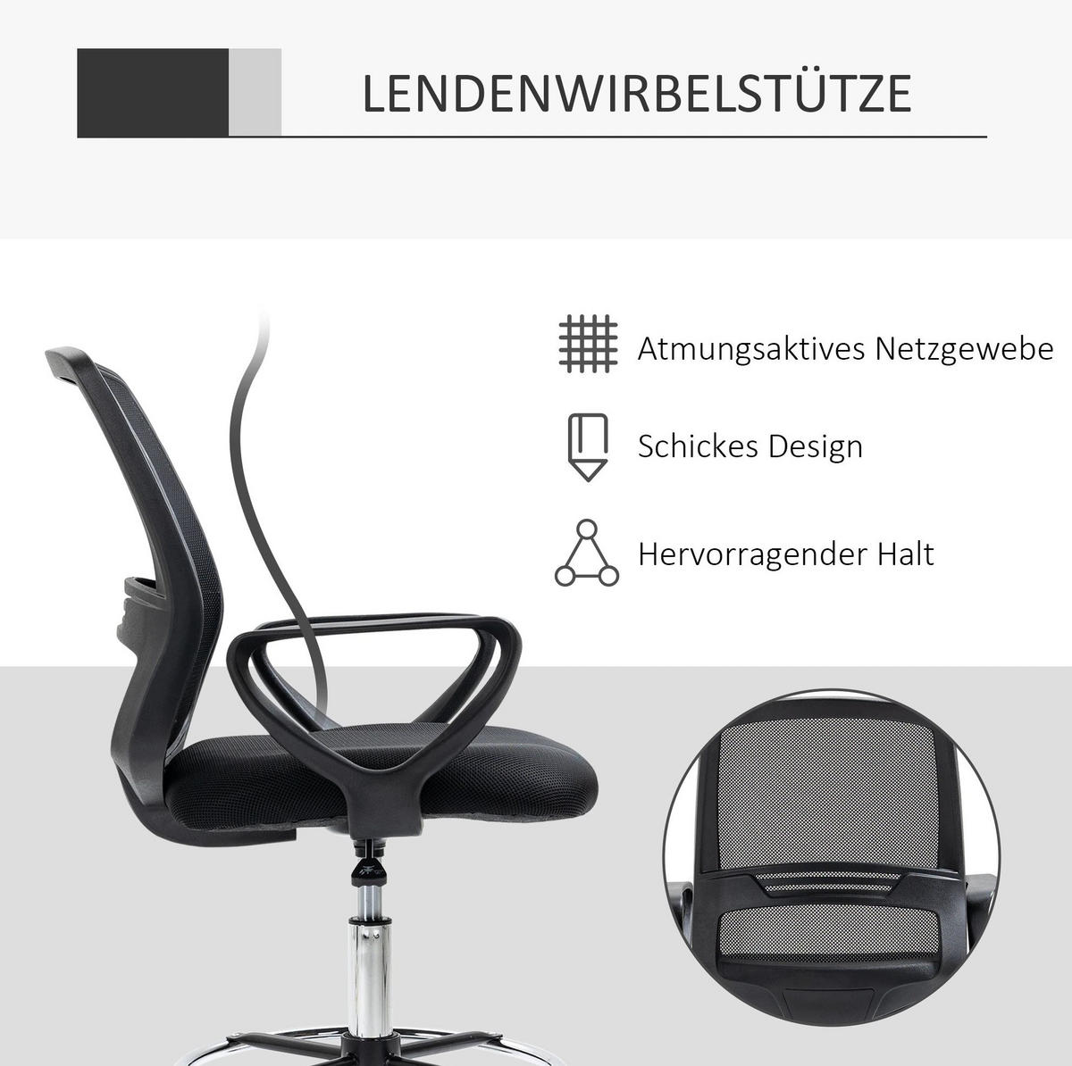 STEHSTUHL 59,5/60/102,5–126 cm, ergonomisch höhenverstellbar und drehbar mit Fußstütze, Schwarz - Schwarz, Kunststoff (60/126/59cm) - Redom