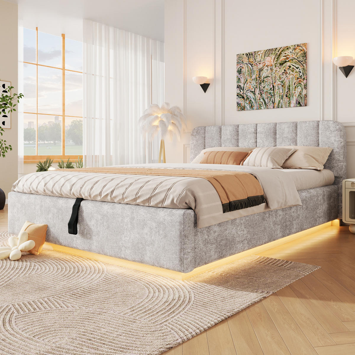 ČALOUNĚNÁ POSTEL 140x200cm Úložná LED Žinylka Světlešedá - šedá, kompozitní dřevo (140/200cm) - FLIEKS