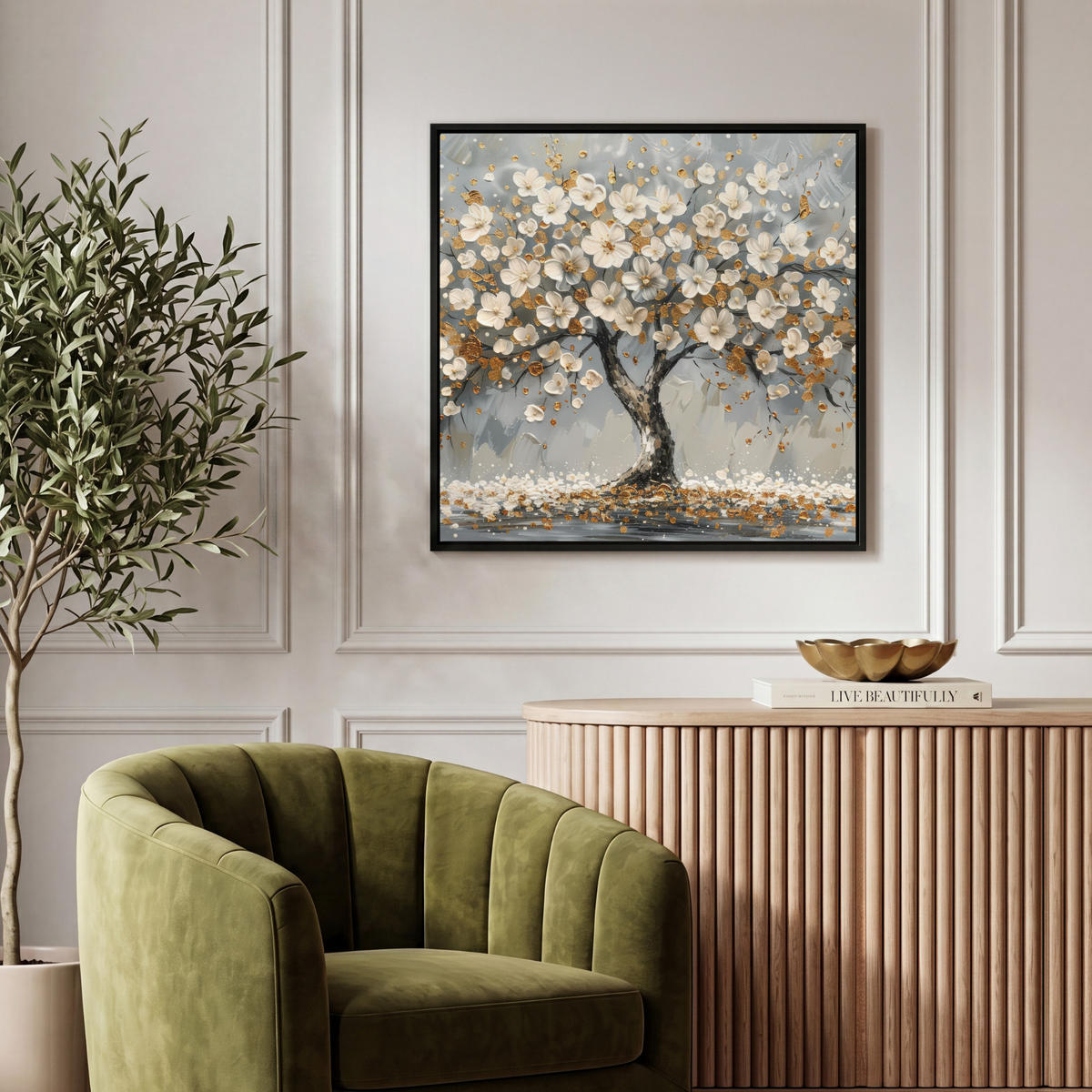 LEINWAND Bilder mit Rahmen - Baum - Blumen - Weiß - Natur - Kunst - 50x50 - Weiß, Textil (50/50cm) - MuchoWow