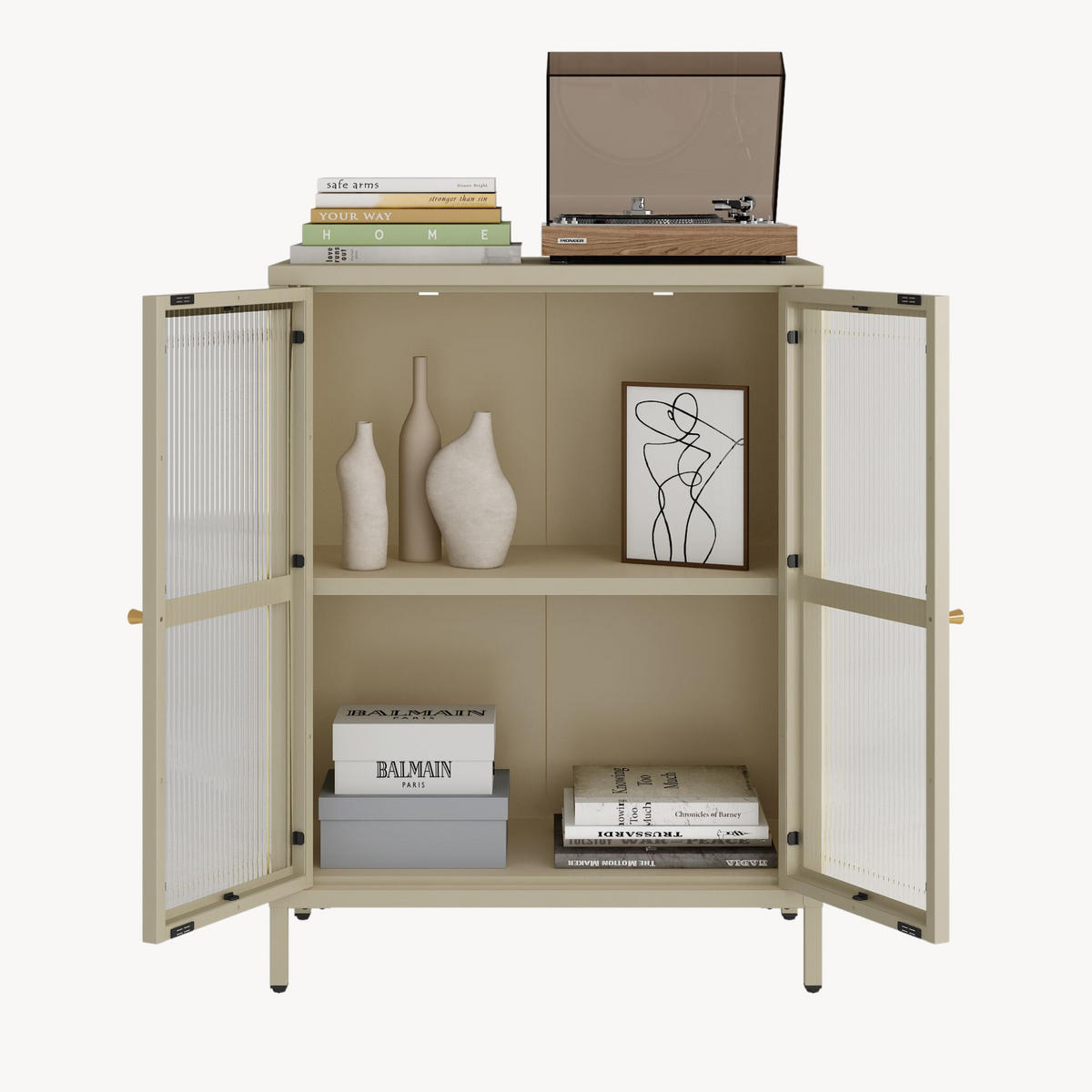 VITRINE Säkylä - Transparent/Beige, Glas/Metall (64/84/35cm) - [en.casa]