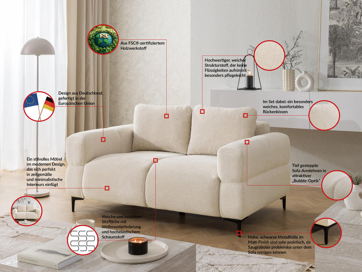 SITZGARNITUR 3+2 Cardea in Bubble-Optik aus weichem Hellbeige Strukturstoff mit hohem Sitzkomfort - Beige/Schwarz, Holz/Textil (217/80/97cm) - S-Style Möbel