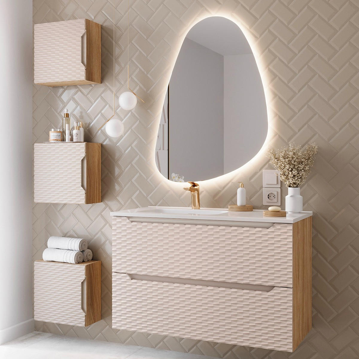 WASCHTISCH 90cm Elora Beige und Holz - Braun, Holzwerkstoff (90/57/46cm) - Petits-meubles