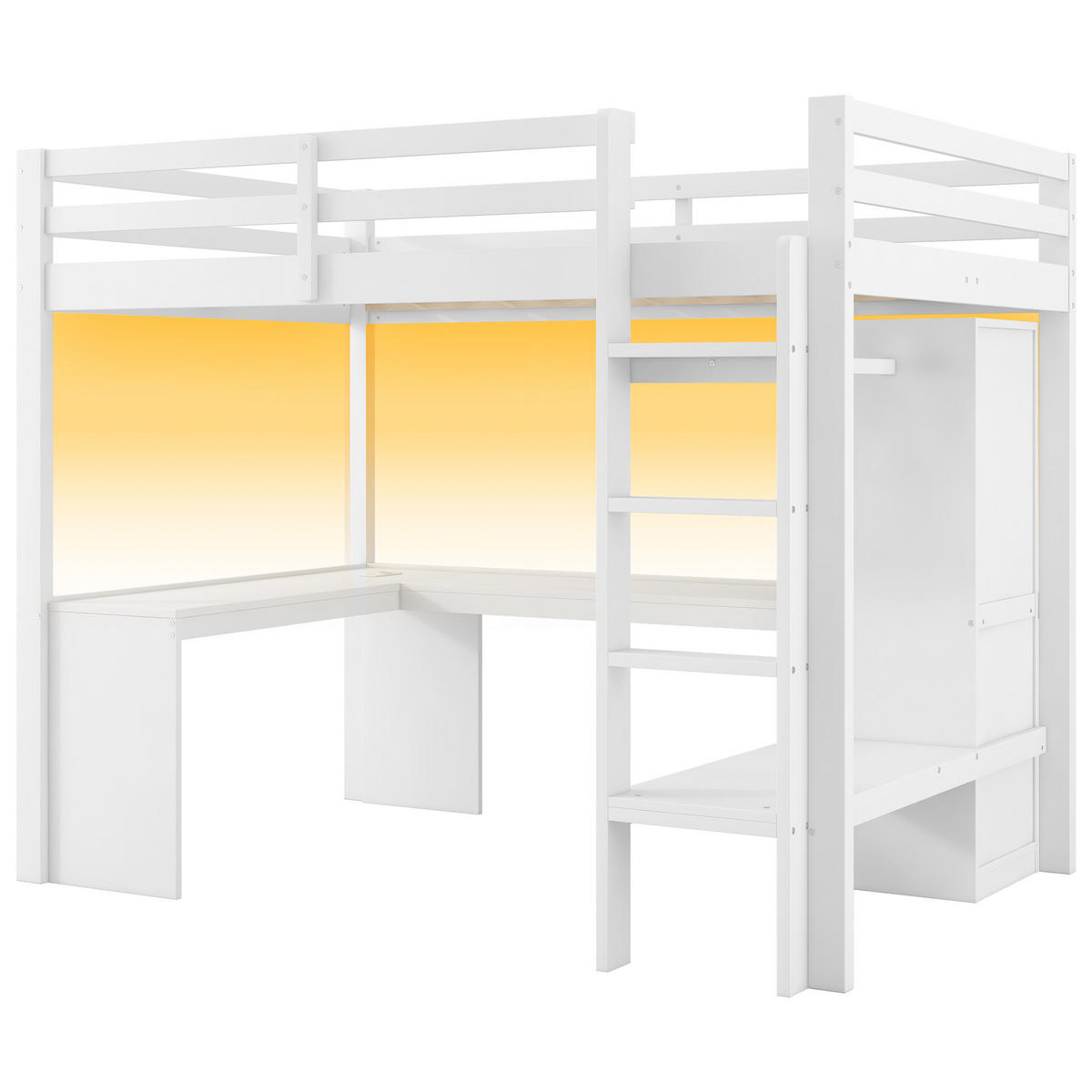 HOCHBETT 140/200 cm DE-03342, mit Schreibtisch, Multifunktionsregalen, LED und Kleiderschrank, in Weiß - Weiß, Holz/Holzwerkstoff (140/200cm) - ComfortXL