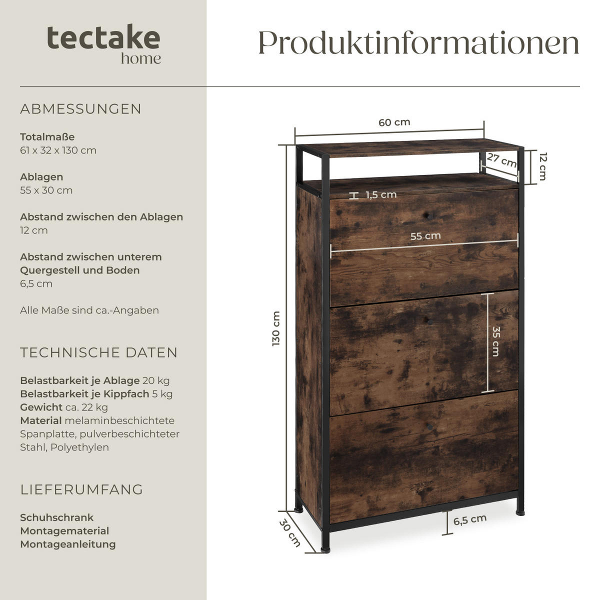SCHUHSCHRANK Braddock,inklusive Kippschutz, 61 x 32 x 130 cm,Industrial Holz dunkel, rustikal - Rostfarben, Holzwerkstoff (32/130/61cm) - tectake