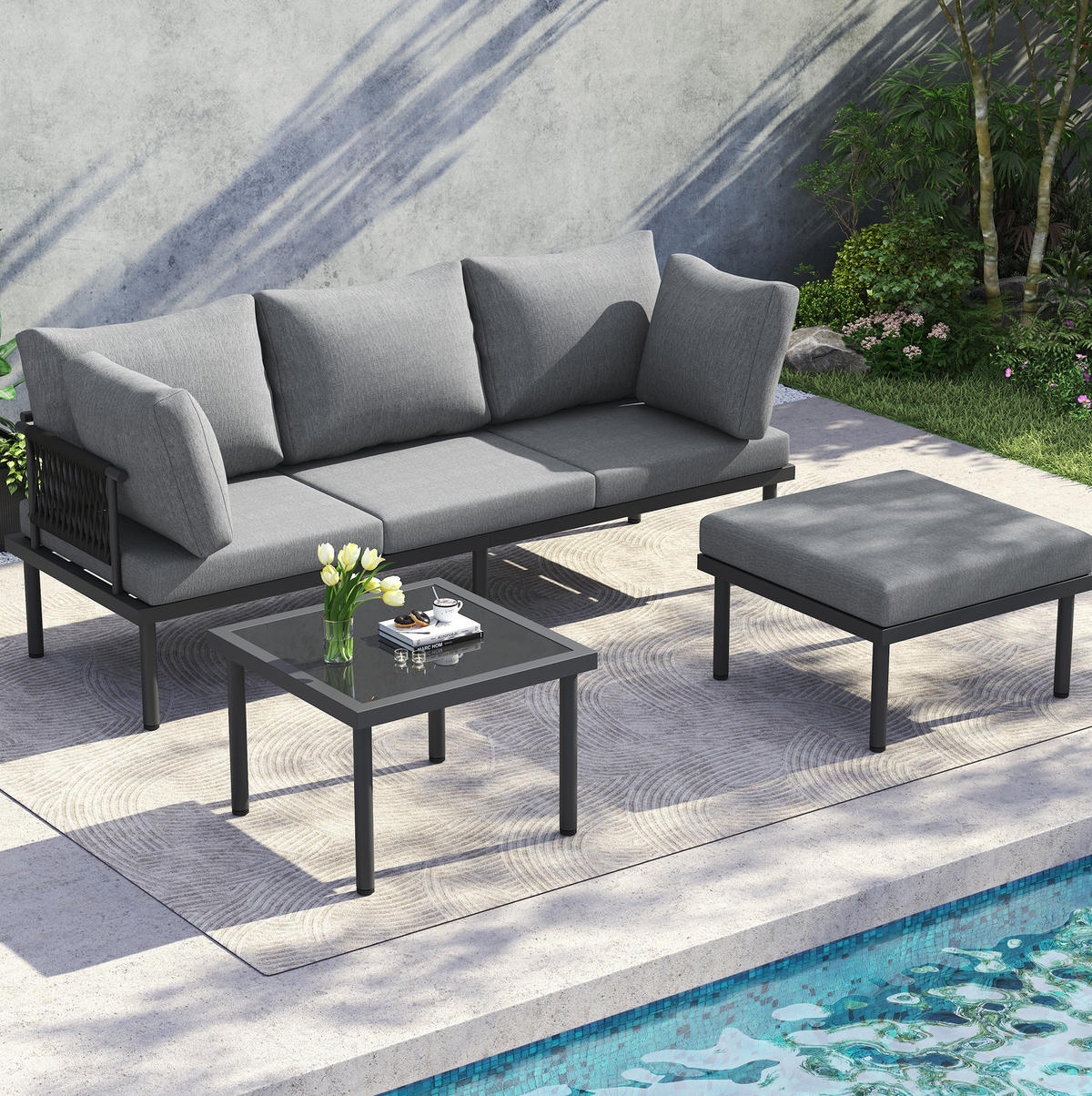 GARTENMÖBEL 173x60x66cm grau aus Olefin und verzinktem Stahl mit Sofaset - Grau, Metall - Modfu