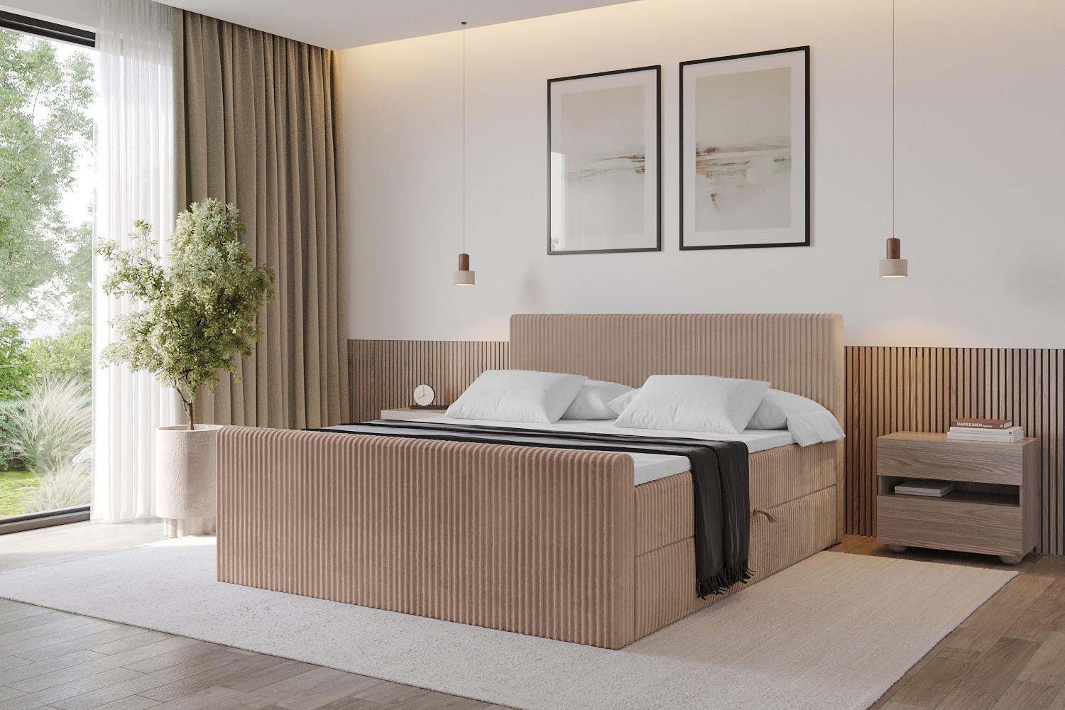 BOXBETT mit Matratze H4 und Lattenrost - TOLO-Z - 140x200 Cord - Beige - Sandfarben, Holzwerkstoff (140/200cm) - ALTDECOR