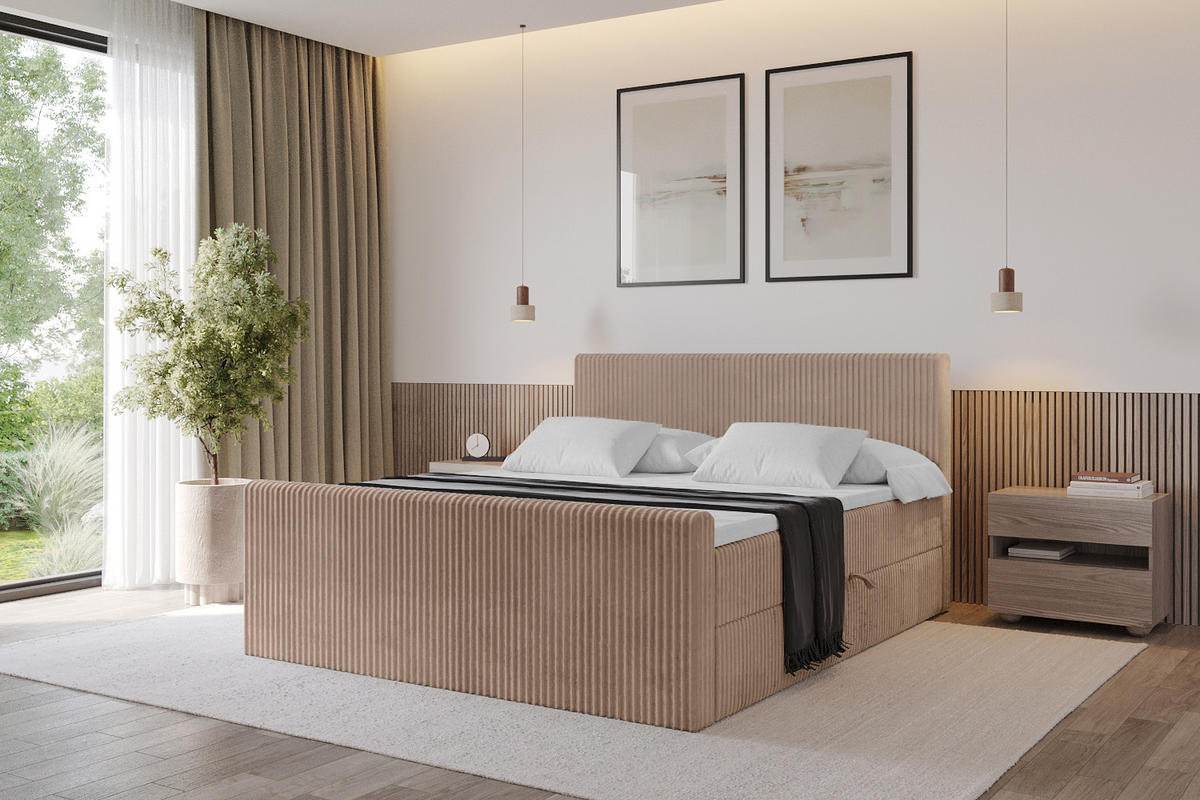 BOXBETT mit Matratze H4 und Lattenrost - TOLO-Z - 140x200 Cord - Beige - Sandfarben, Holzwerkstoff (140/200cm) - ALTDECOR