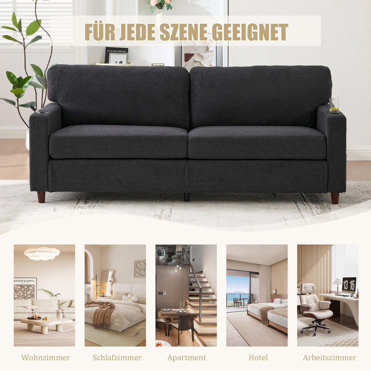 ZWEISITZER Sofa Chenille mit USB-Anschluss LED-Licht und Getränkehaltern 203/77,5/86 cm Dunkelgrau - Dunkelgrau, Textil (77.5/86/203cm) - Redom