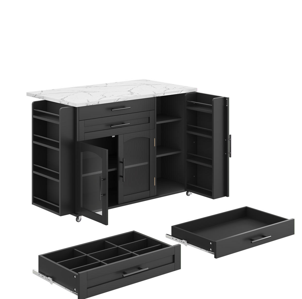 KÜCHENWAGEN 120/45-70/90 cm in Schwarz mit klappbarer Arbeitsfläche und Glastüren - Schwarz, Holzwerkstoff (138/90/70cm) - Flora Grace