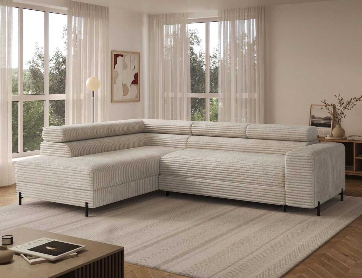 ECKSOFA COLESIO L-Form, Schlaffunktion, Bettkasten, verstellbare Kopfstützen, Wellenfederung, Metallfüße, breiter Cordstoff - Creme/Schwarz, Kunststoff/Metall (269/204cm) - Wohnideebilder