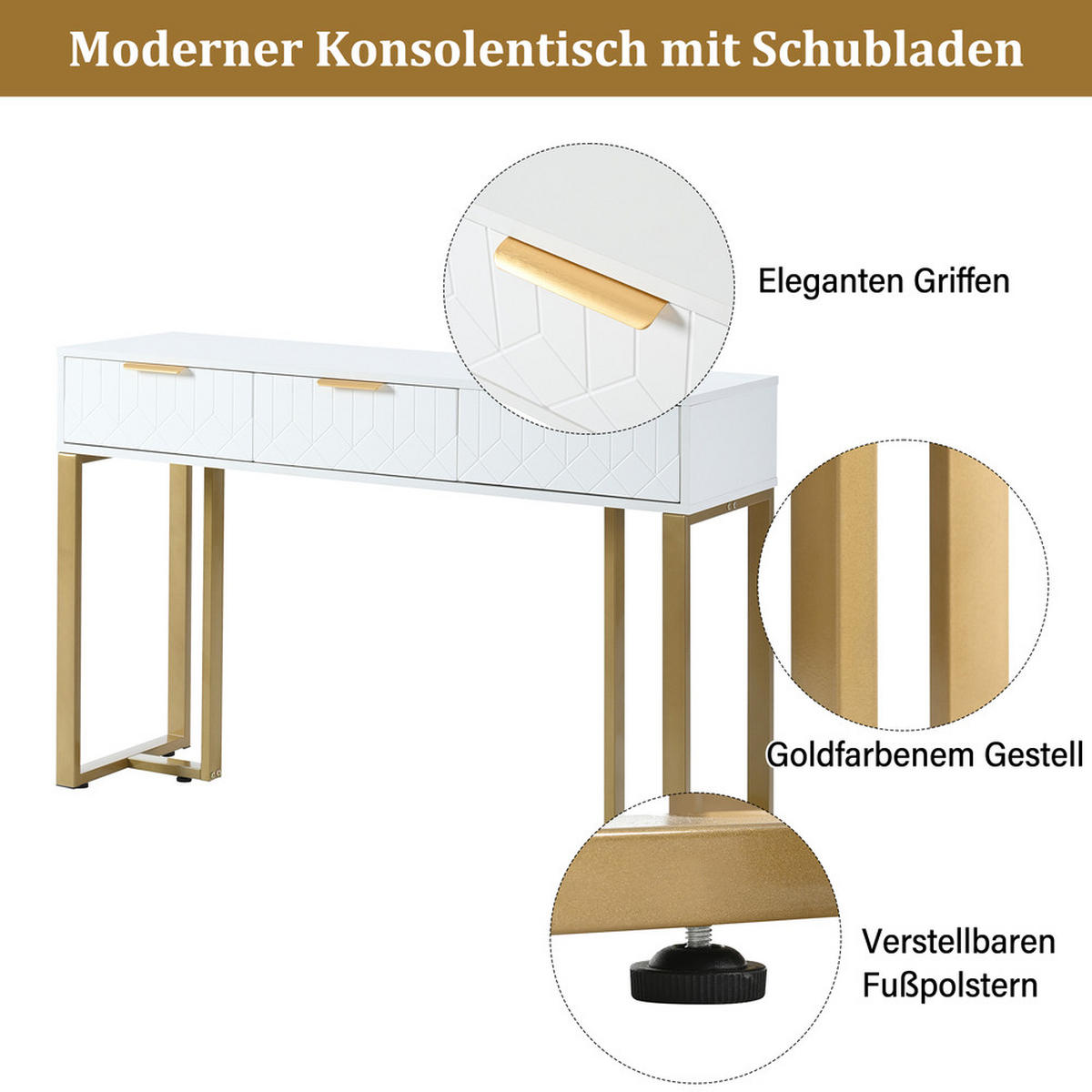BEISTELLTISCH Weiß Schublade Gold Gestell Verstellbare Füße Goldene Griffe - Weiß, Holz (132.08/44.45/16.51cm) - FLIEKS