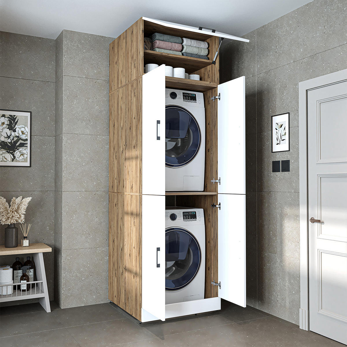 WASCHMASCHINENSCHRANK DORA-II 70cm Breit, 230cm Hoch - Eiche Bianco, Holzwerkstoff (70/230/74cm)