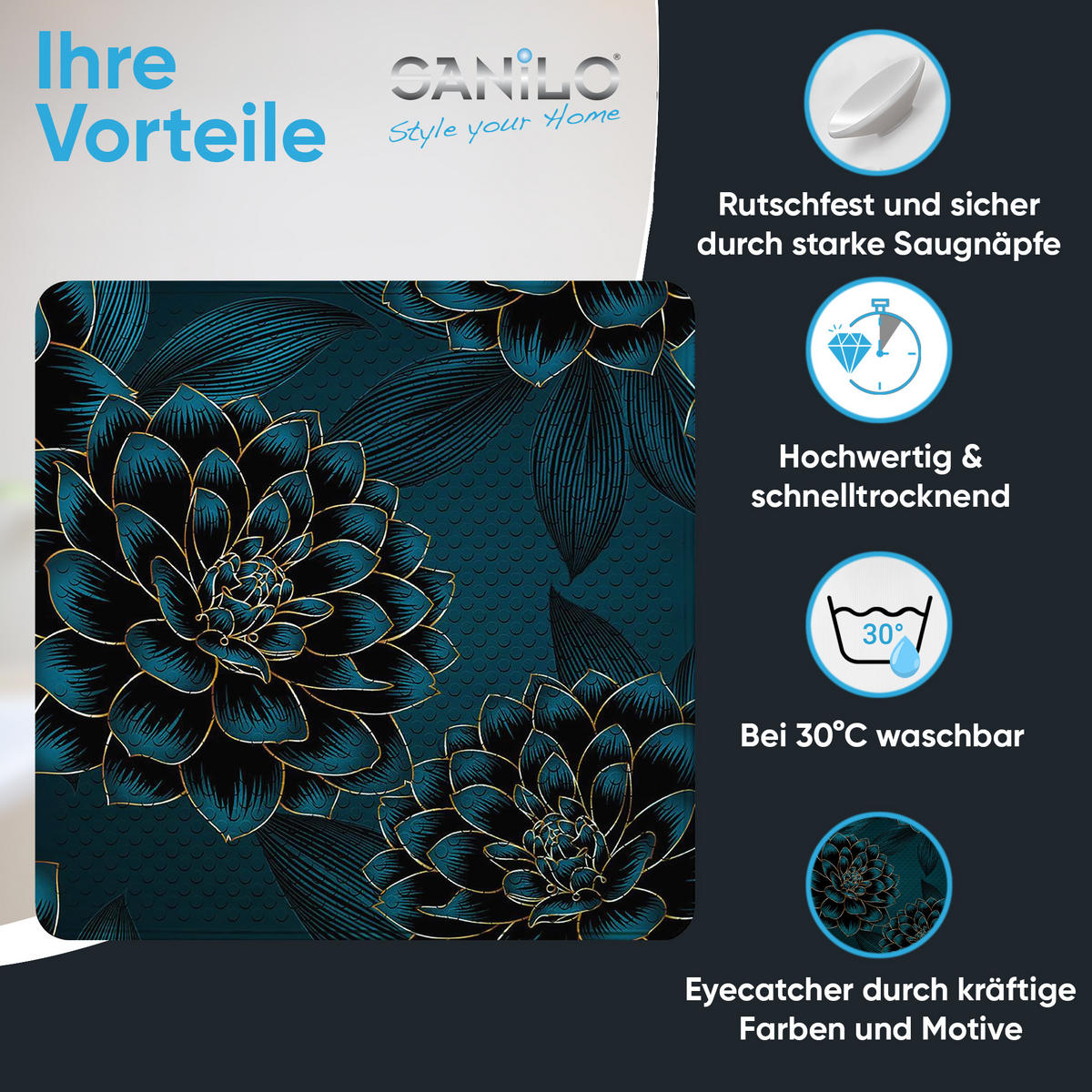 BADEMATTE Dahlien - Blau, Kunststoff (53/53cm) - Sanilo