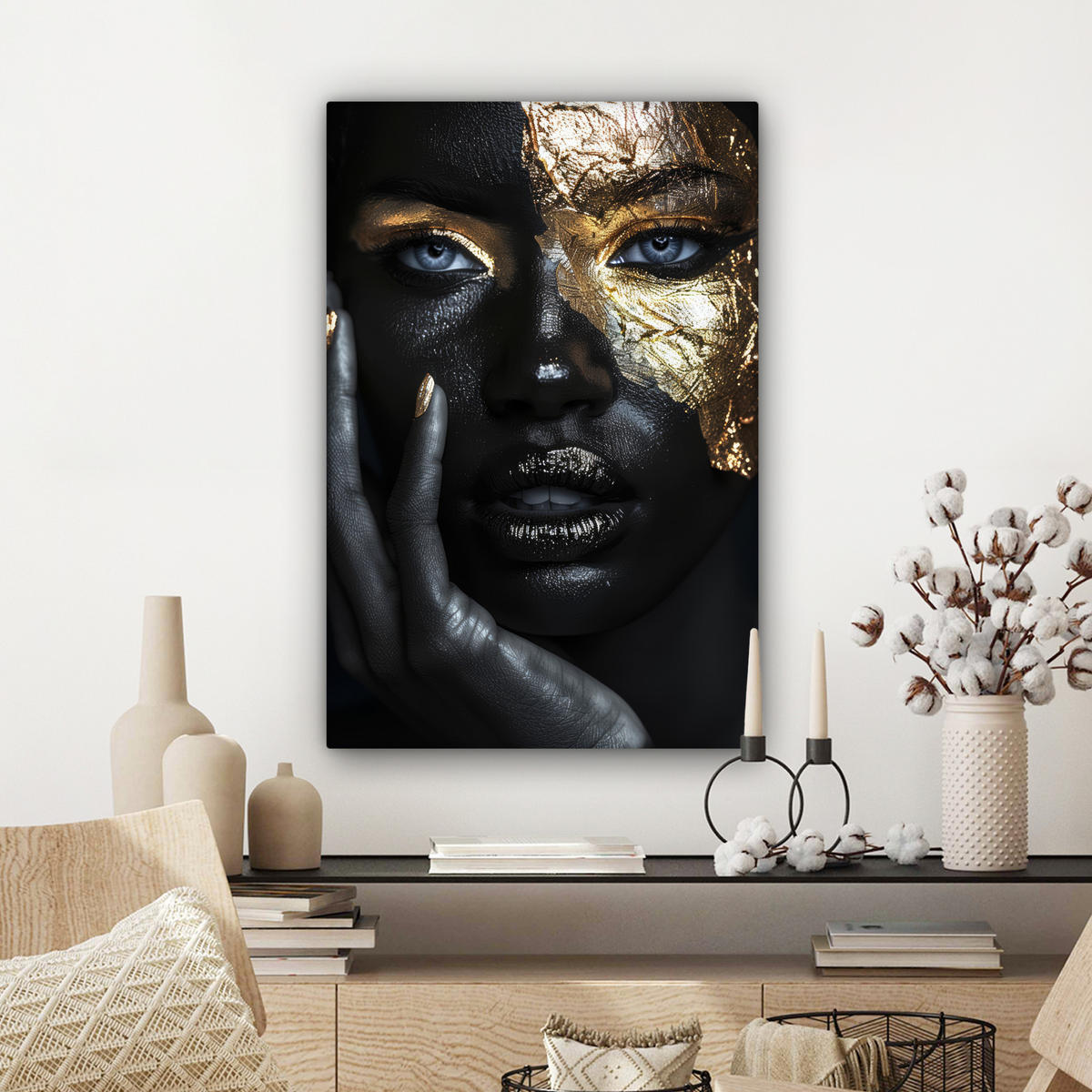 LEINWANDBILD Frau - Gold - Porträt - Schwarz-Weiß - Luxus 40x60 cm - Hellblau, Textil (40/60cm) - MuchoWow