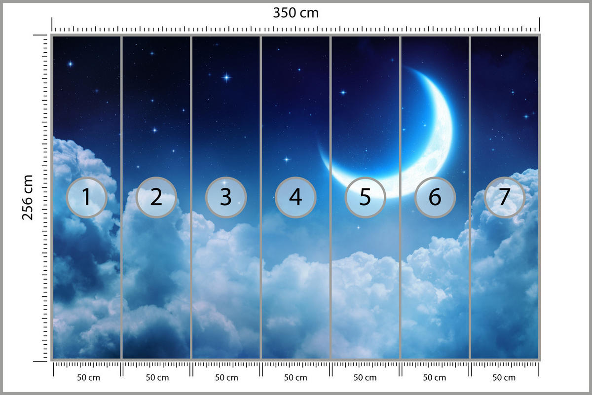 FOTOTAPETE für Schlafzimmer Himmel Wolken Mond Sterne 350x256 - Blau/Dunkelblau, Papier (350/256cm) - Muralo