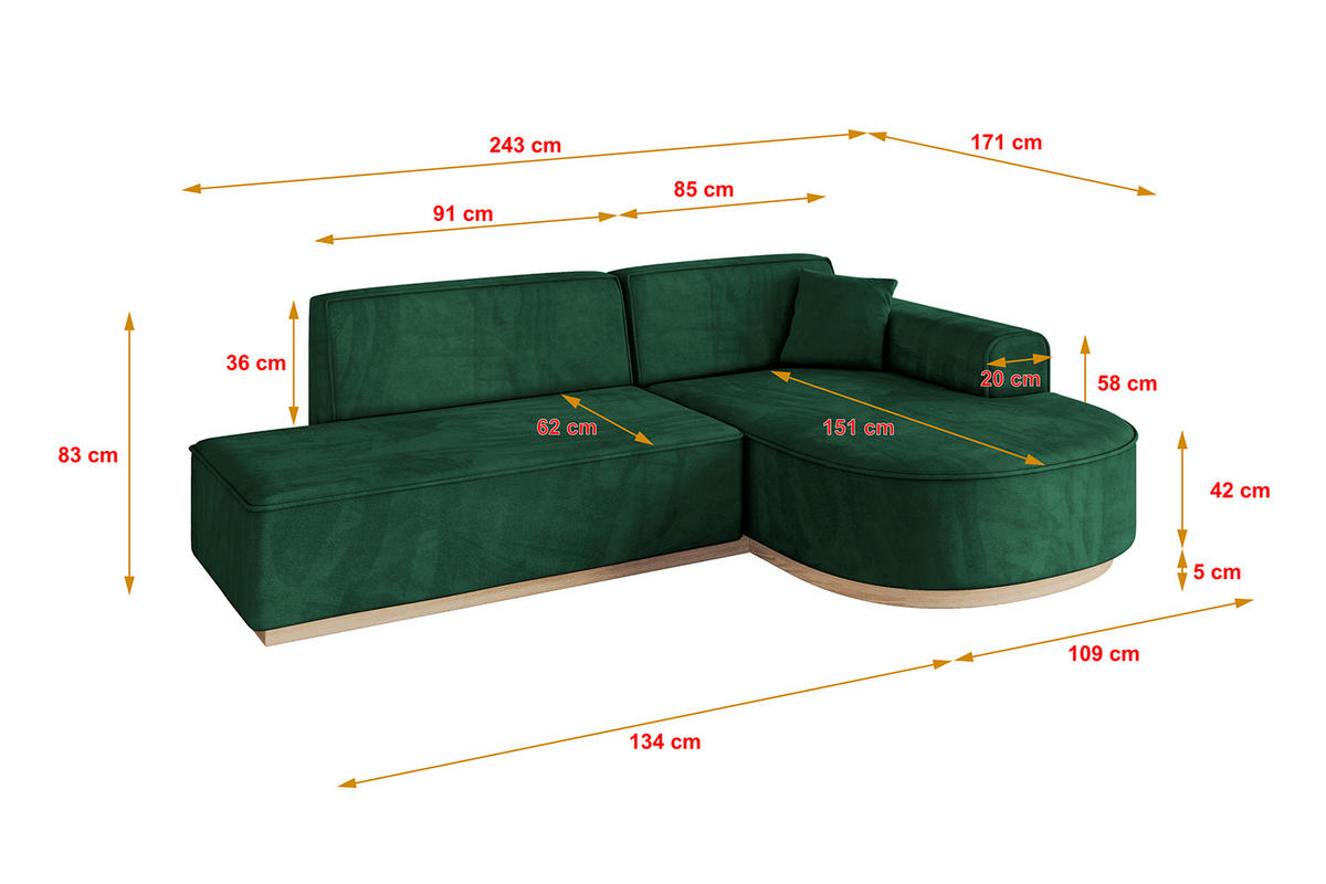 ROHOVÁ SEDAČKA s otomanem, pravá ARRIO-L1 243x171x83 Zelená Velur - černá/zelená barva, kompozitní dřevo/textil (243/171cm) - ALTDECOR