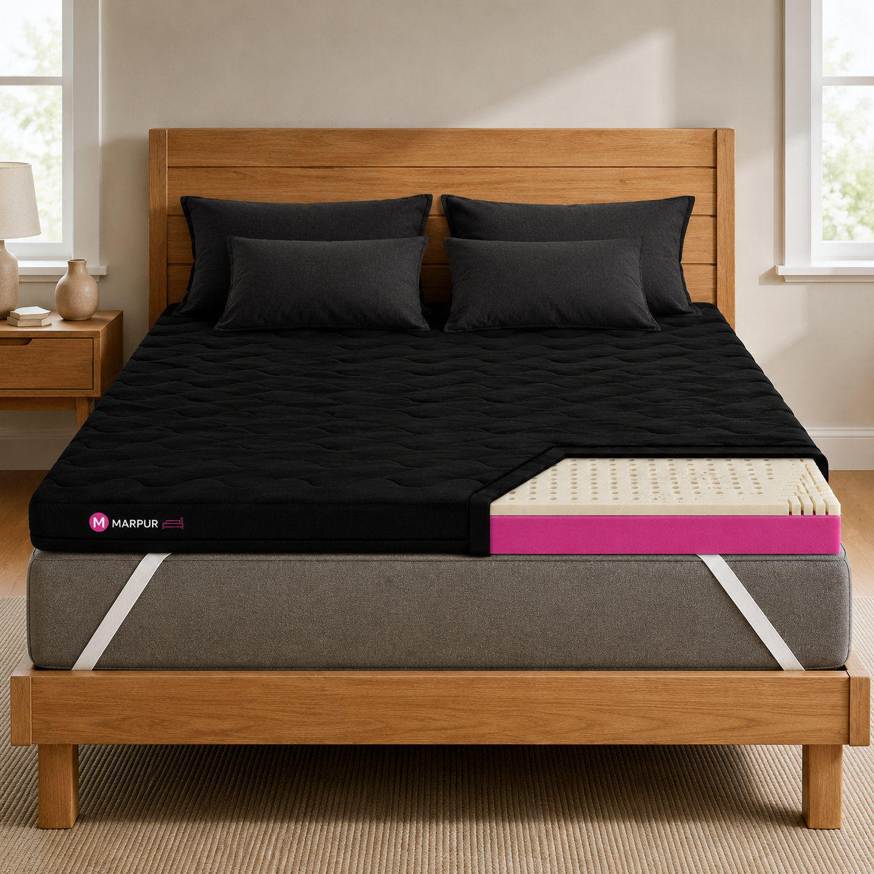 MARPUR TOP5 Latex Topper 160x200 cm H3, 5 cm, Schwarz - Schwarz, Textil (160/200cm) - Marpur