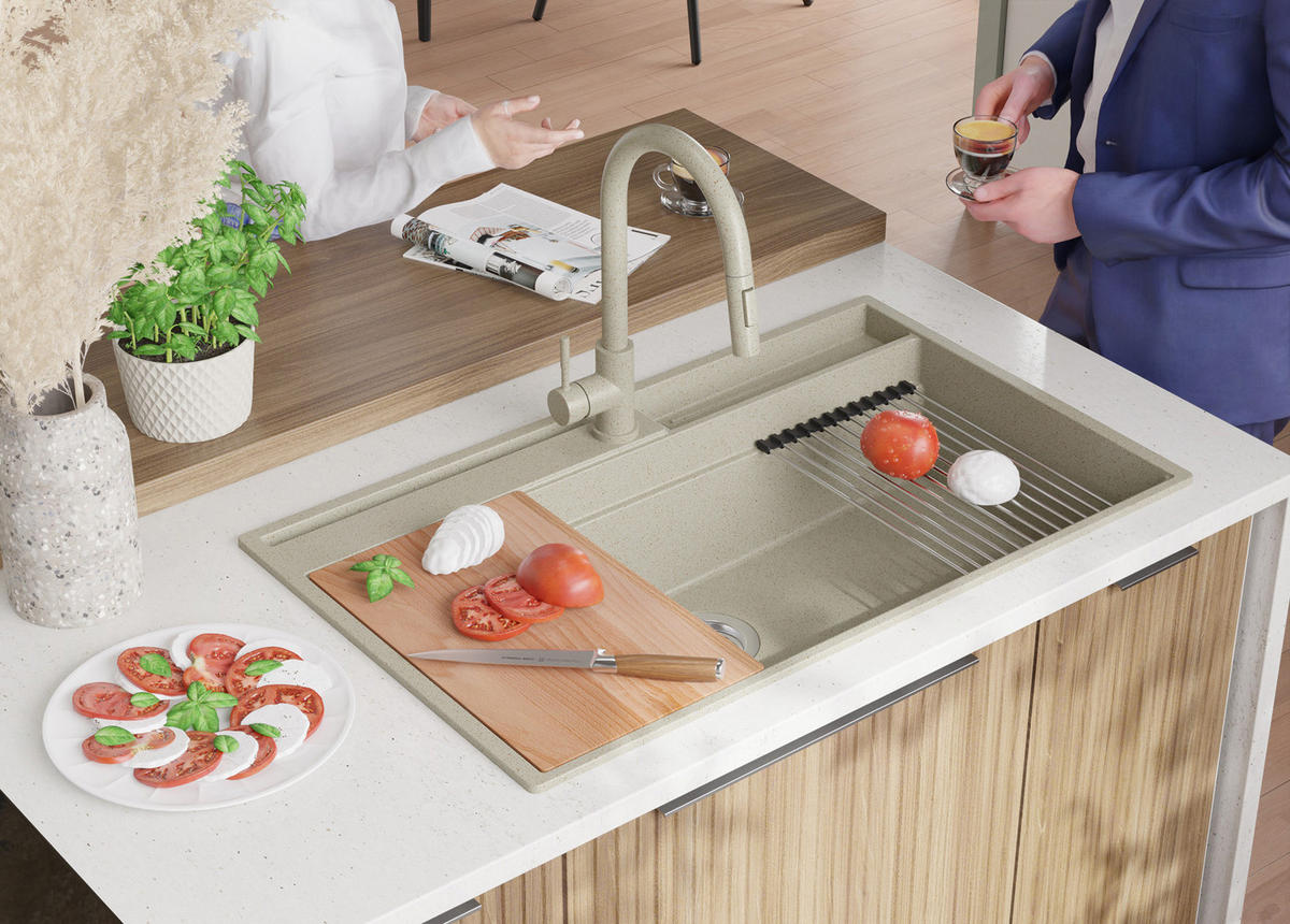 SPÜLBECKEN Oslo Pocket, 2-er set Beige 88/53 cm 1 Becken + Ablauf-Set + Küchenzubehörset ab 90er Unterschrank - Chromfarben/Beige, Kunststoff (88/20/53cm) - Primagran