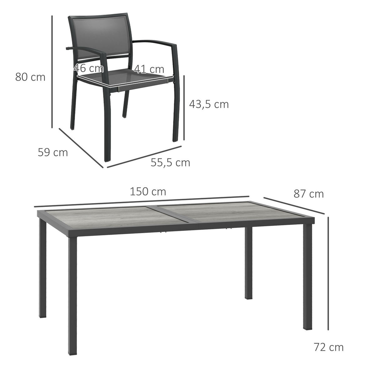 SITZGRUPPE Gartenmöbel-Set, 1 Esstisch, 4 stapelbaren Stühlen, Textil, Dunkelgrau - Grau, Textil/Metall - Outsunny
