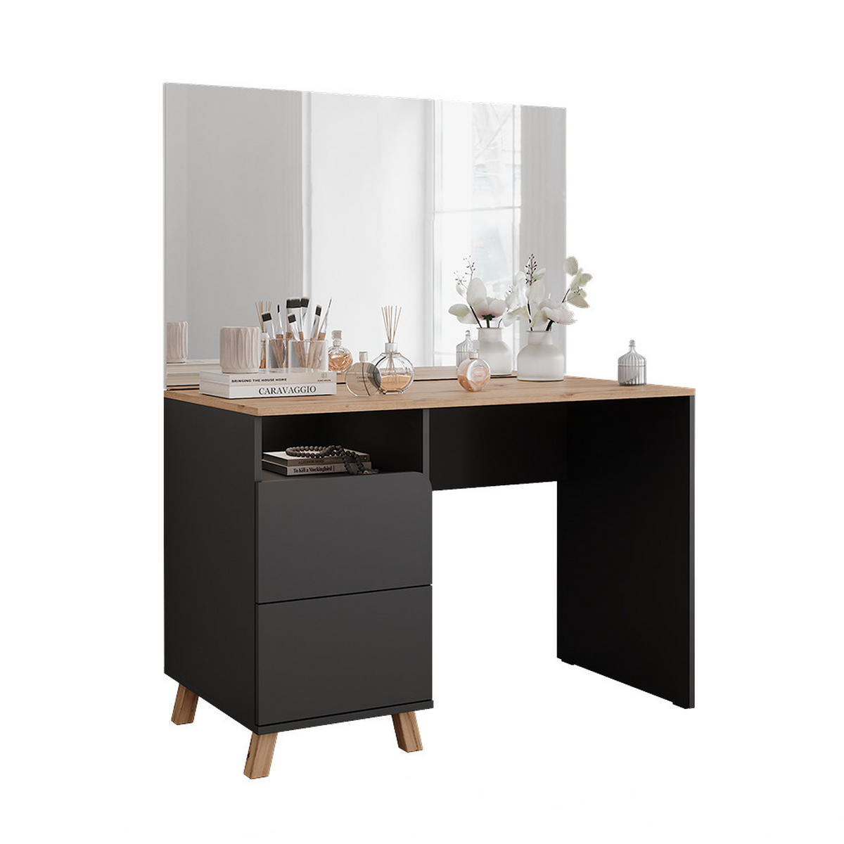 SCHMINKTISCH Karen Anthrazit/Artisan 110 cm mit Spiegel - Anthrazit/Eiche Artisan, Holzwerkstoff (110/75/55cm) - Vicco