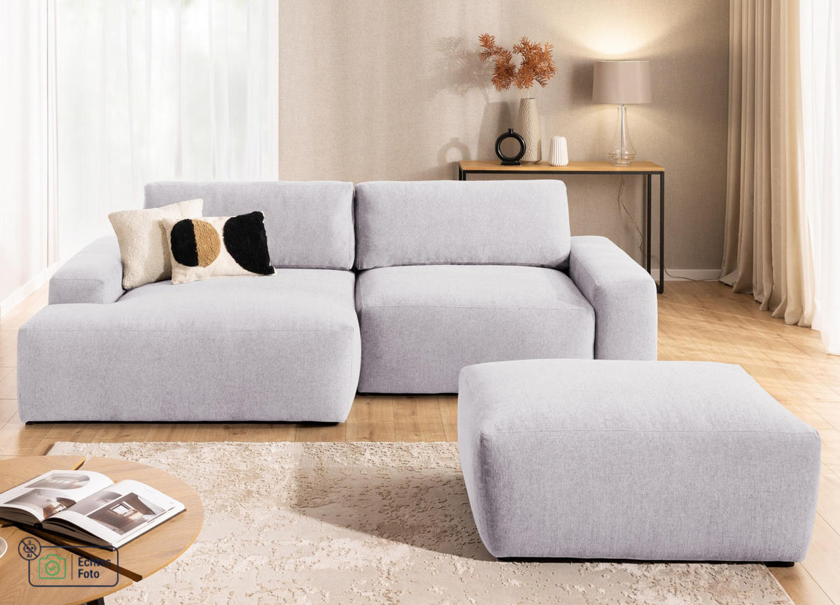 ECKSOFA inkl. Hocker Lennon aus Greige Strukturstoff mit Schlaffunktion und Bettkasten - Greige/Schwarz, Holz/Kunststoff (137/264cm) - S-Style